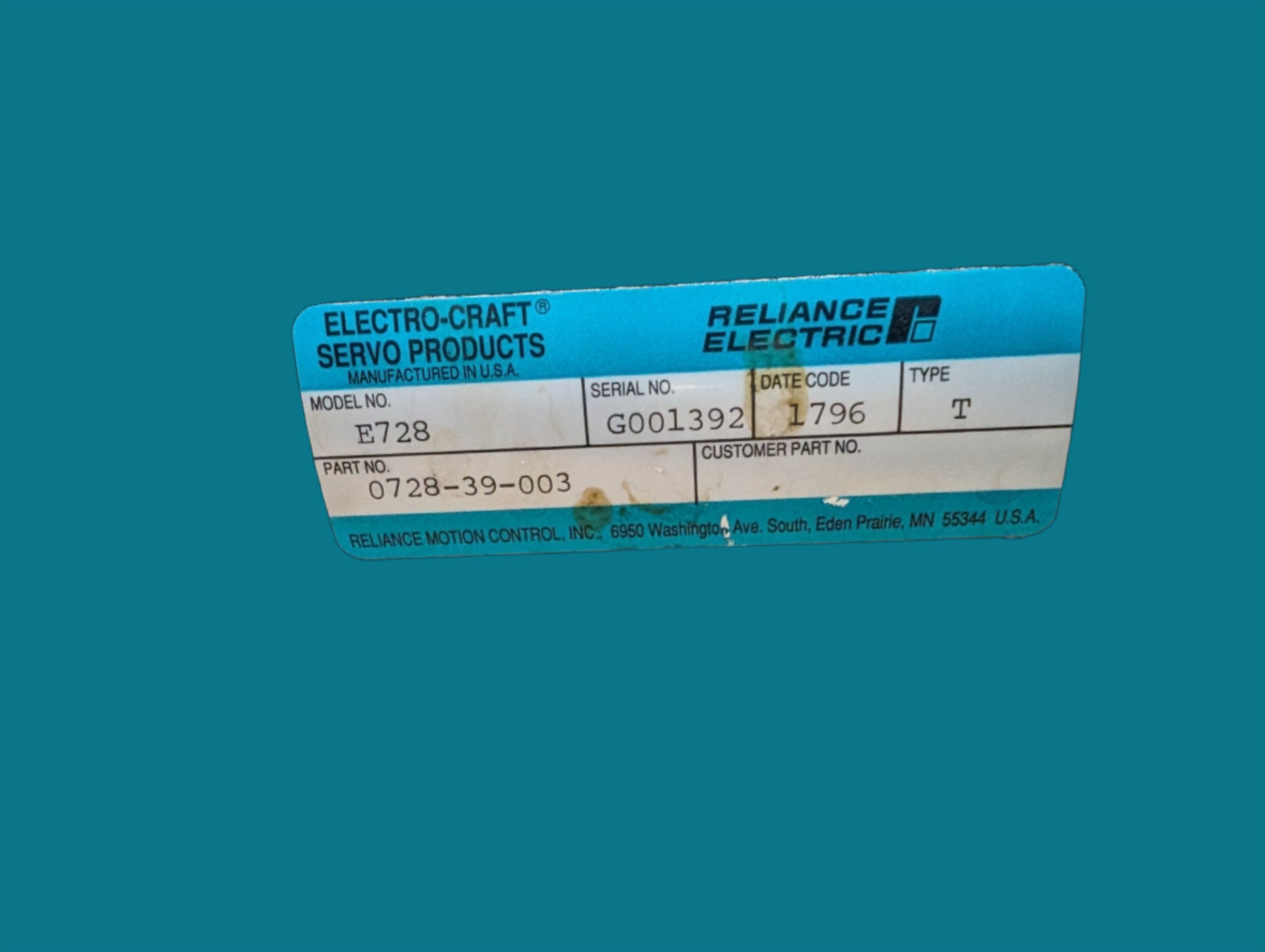 Reliance Electro-Craft 0728-39-003 DC Servo Motor 2750 RPM 35 lb-In Stall