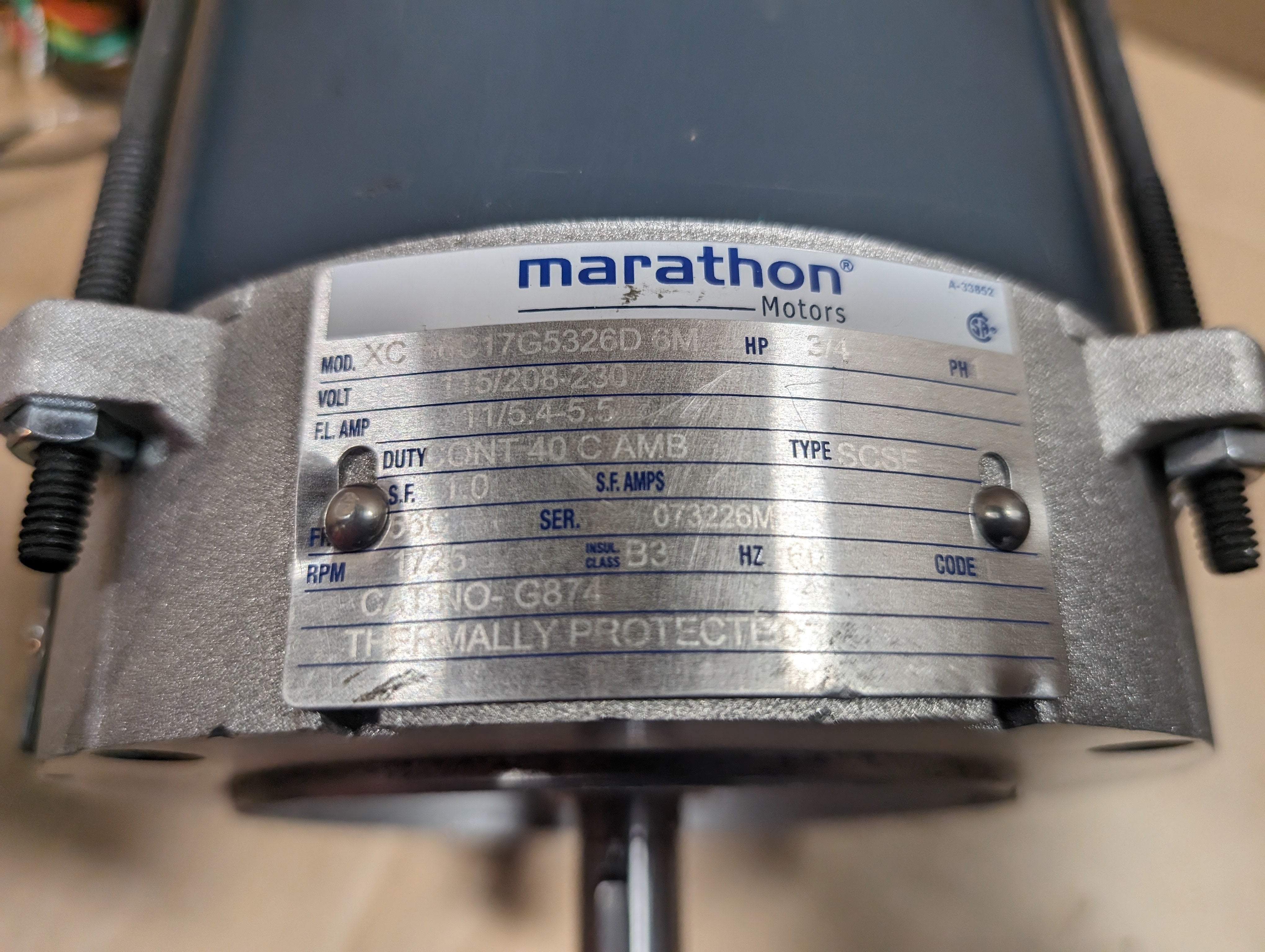 Marathon 3/4 HP, 115/208-230, 1725 RPM G874 Haz Location UNUSED NO FAN COVER