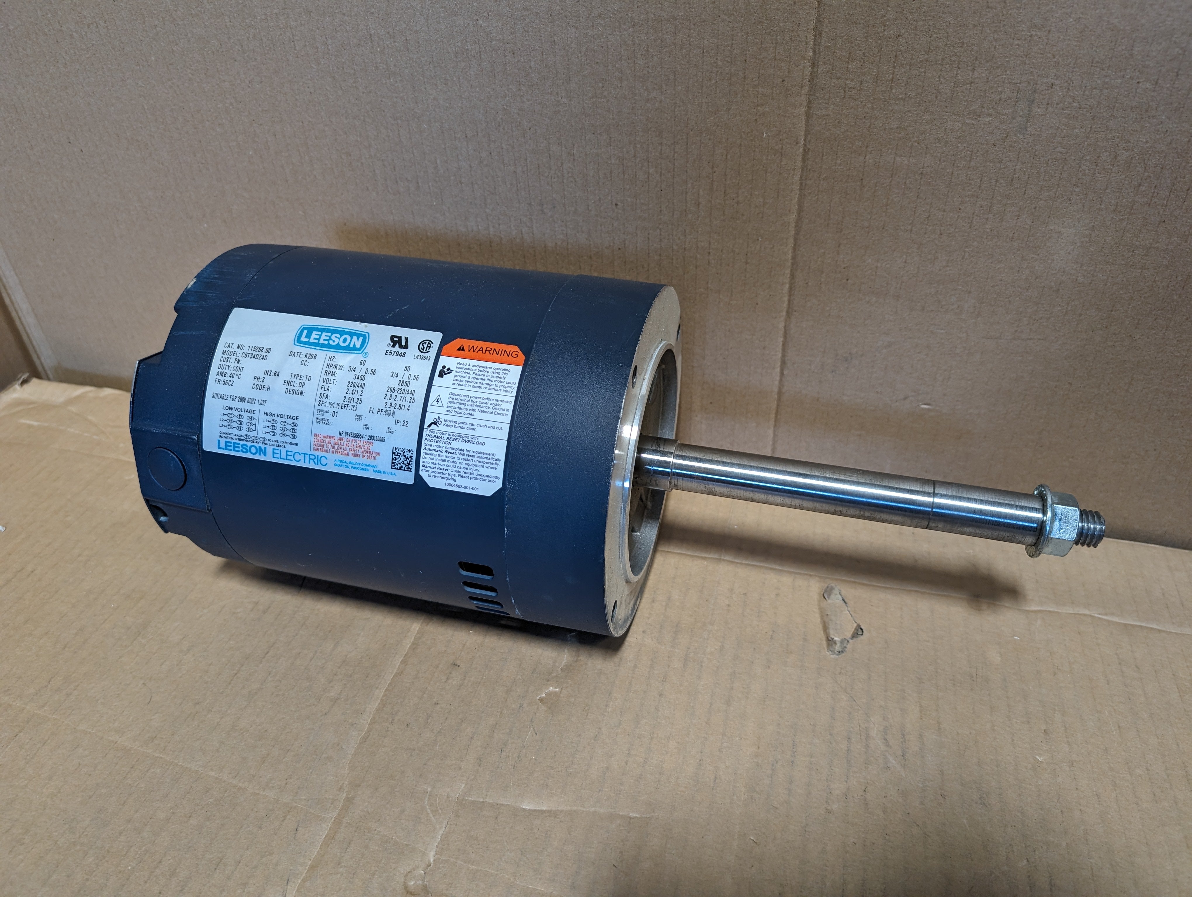 Leeson C6T34DZ4D 115268.00 3/4HP 3450 RPM 220/440 3PH Motor New
