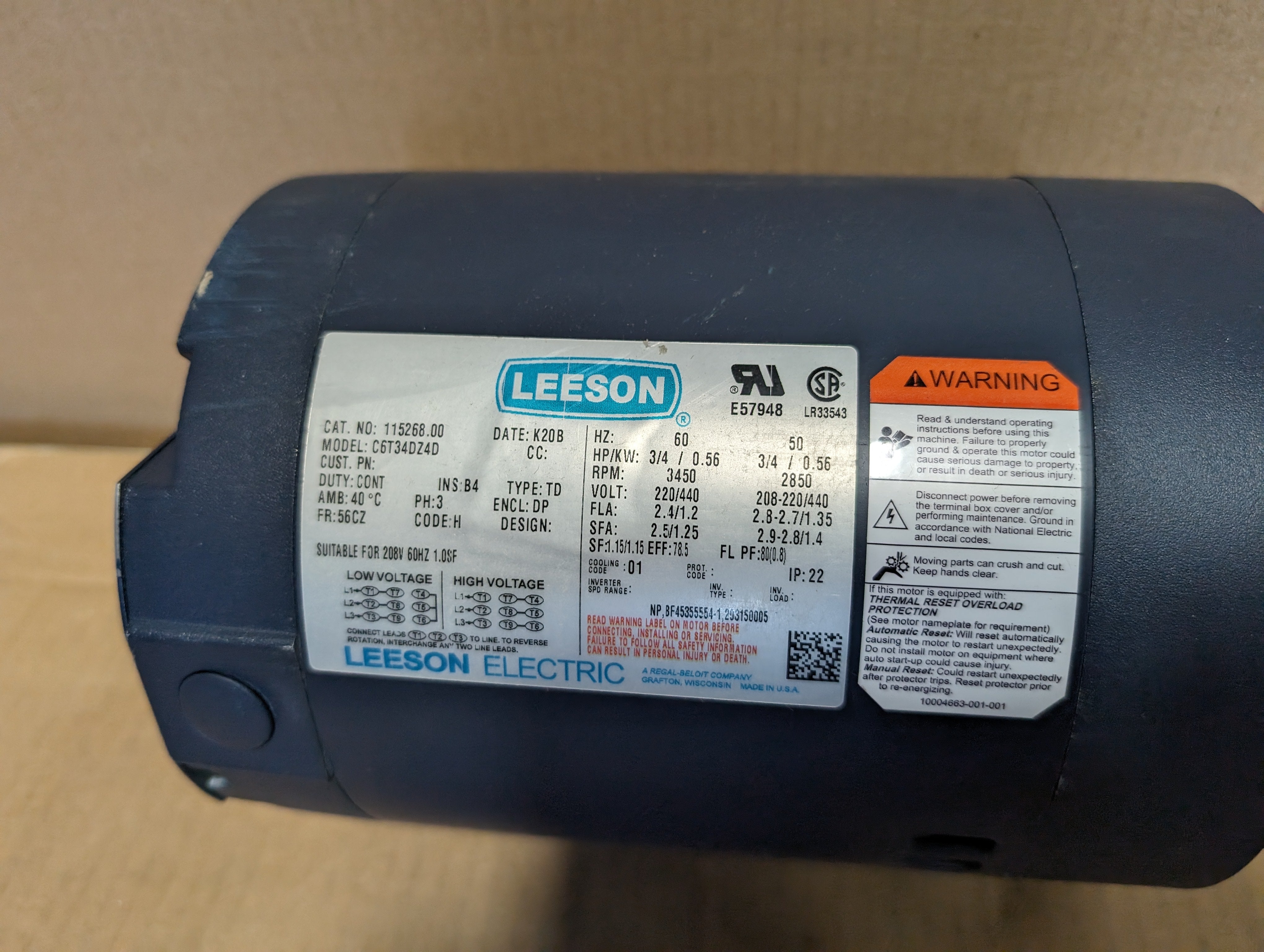 Leeson C6T34DZ4D 115268.00 3/4HP 3450 RPM 220/440 3PH Motor New