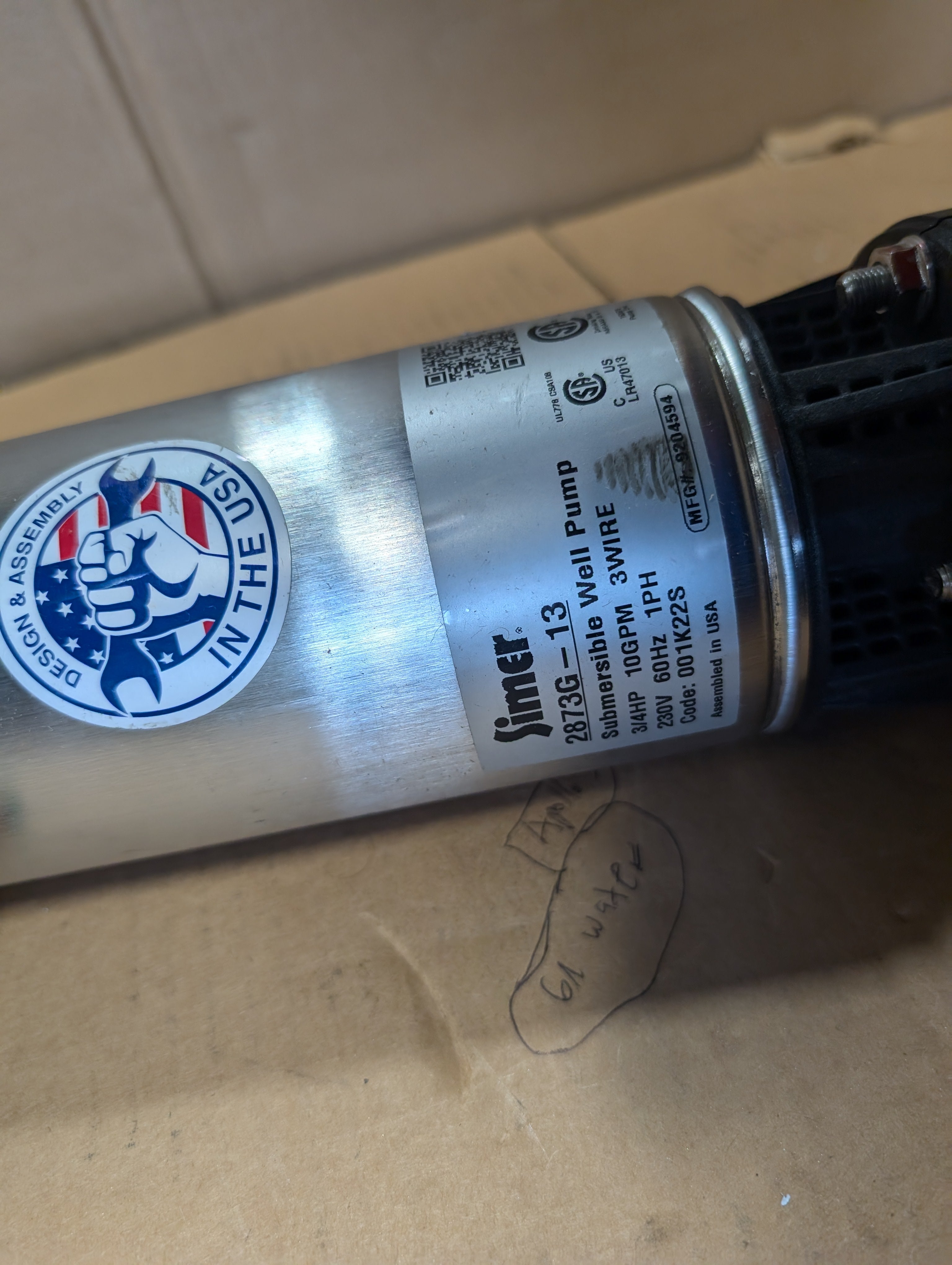 Simer 2873G-13 3/4 HP 10 GPM 3-Wire Submersible Well Pump New