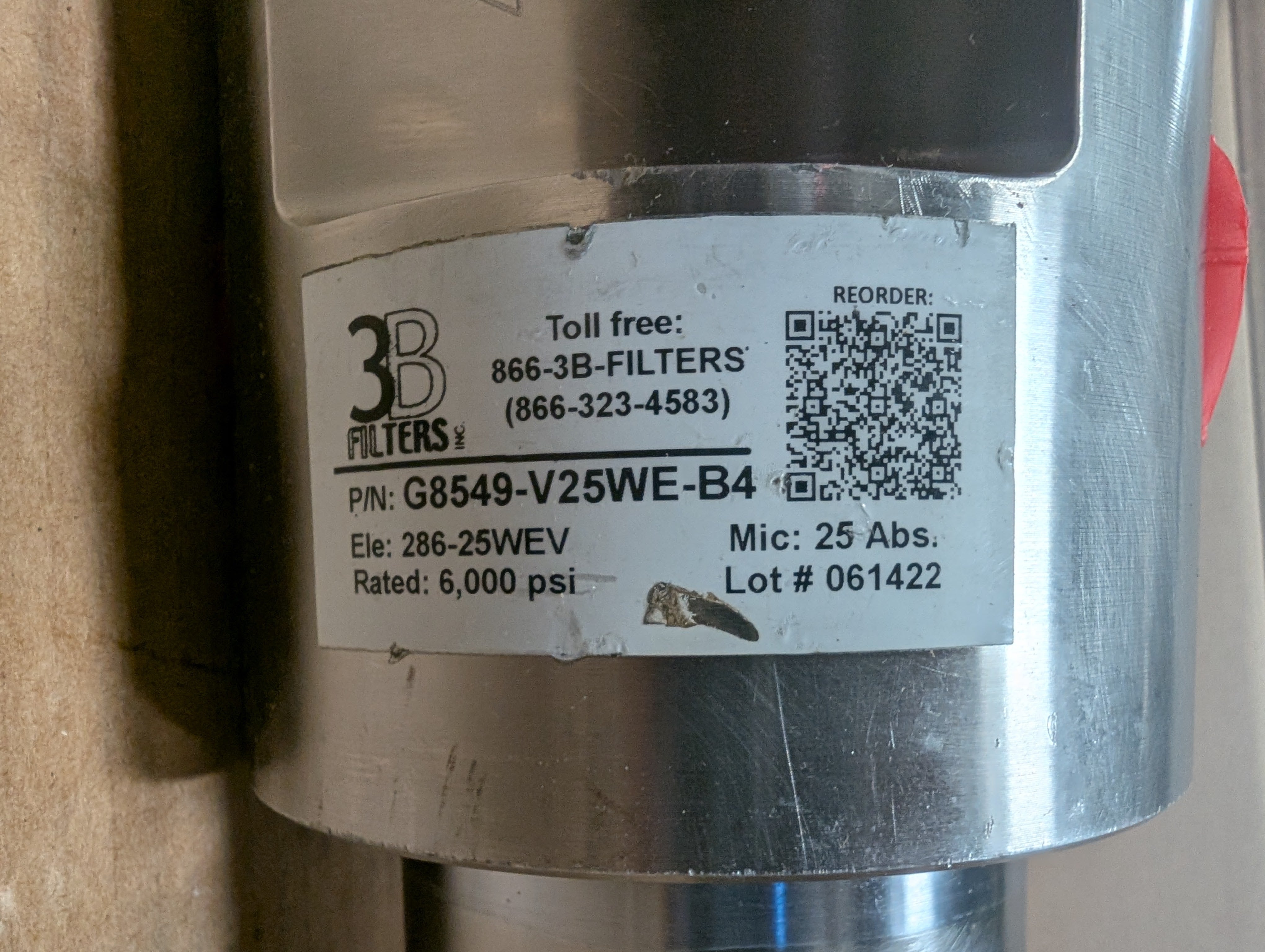 3B 8500 Filter, G8549-V25WE-B4, 6,000 psi, 316 SS, 1" New