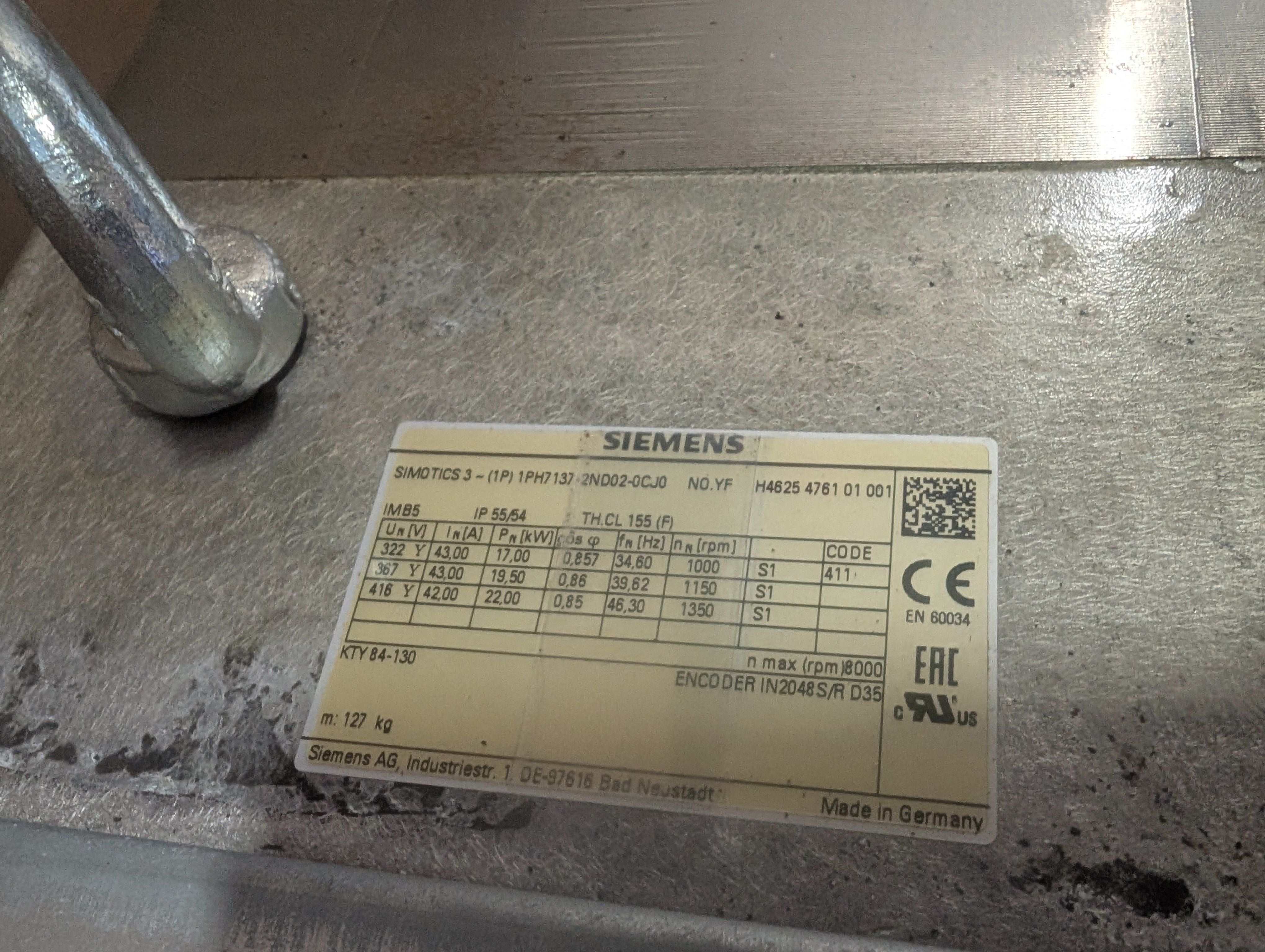 Siemens 1PH7137-2ND02-0CJ0 17 KW 1,000 RPM Spindle Servo Motor New