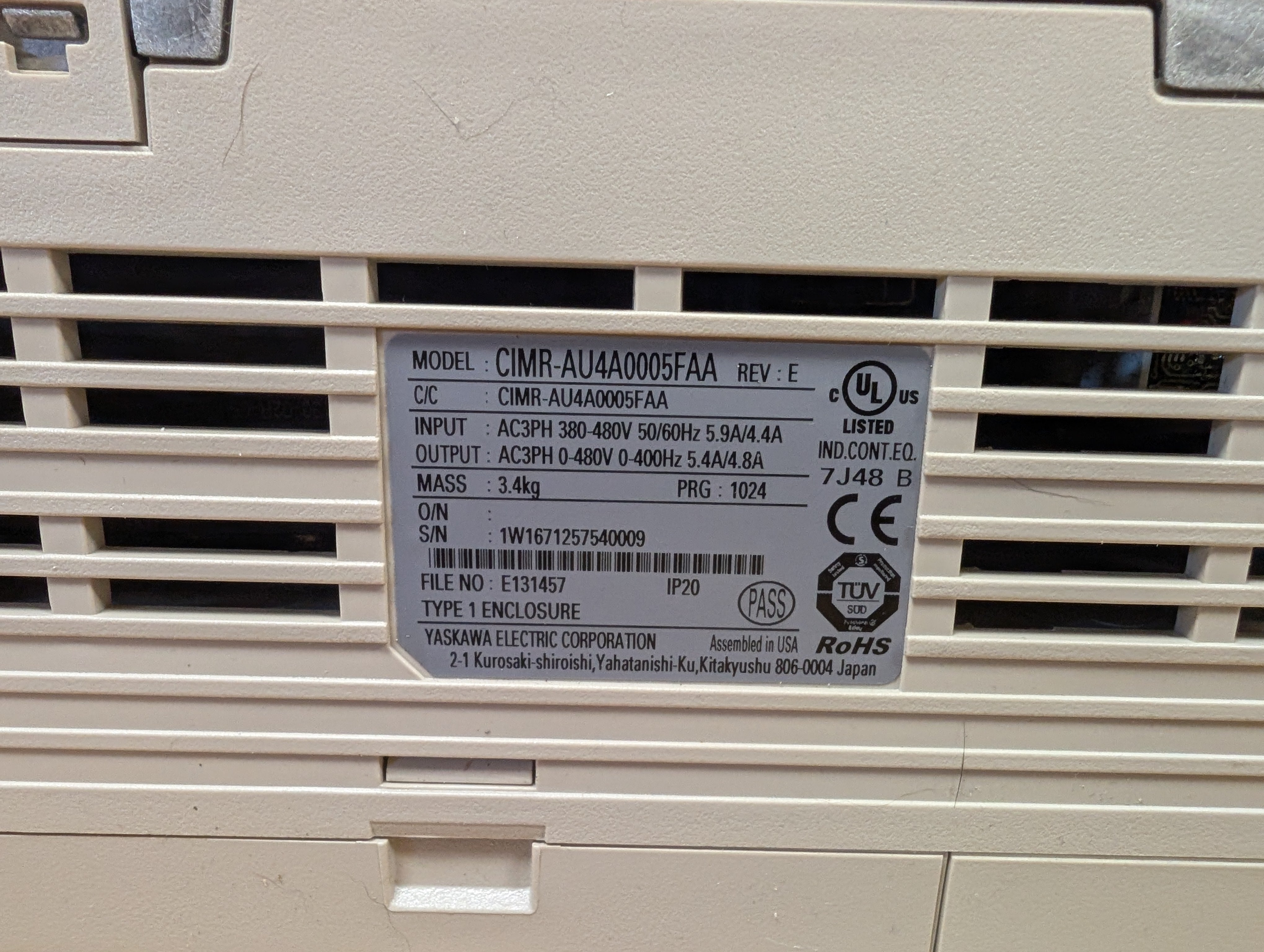 YASKAWA A1000 CIMR-AU4A0005FAA Rev. E 480V 3PH 3 HP SI-EN3 Ethernet Keypad Used