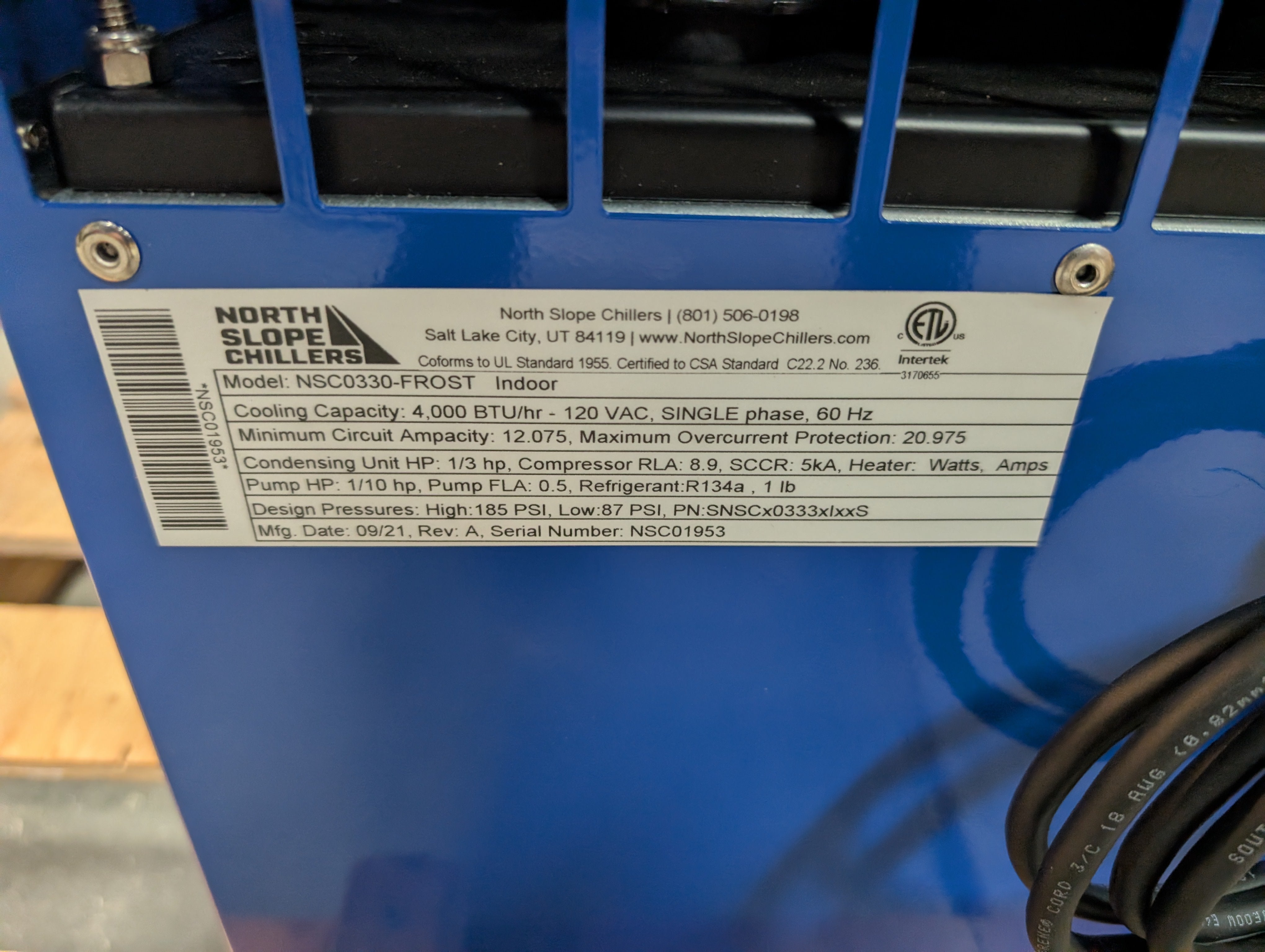 New Unused North Slope Chillers NSC0330-FROST 4K BTU 120 VAC 1/3 Ton