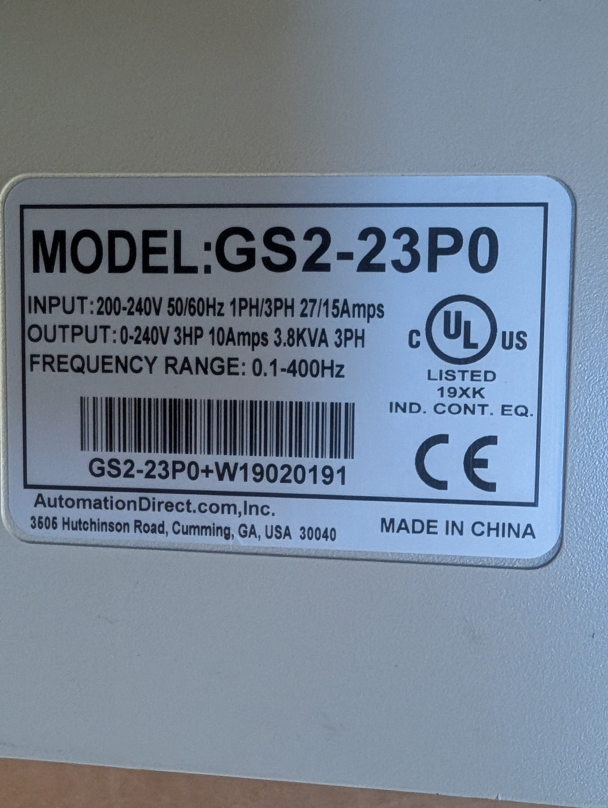 Automation Direct GS2-23P0 Drive 3 HP 200-240V 3 PH Used