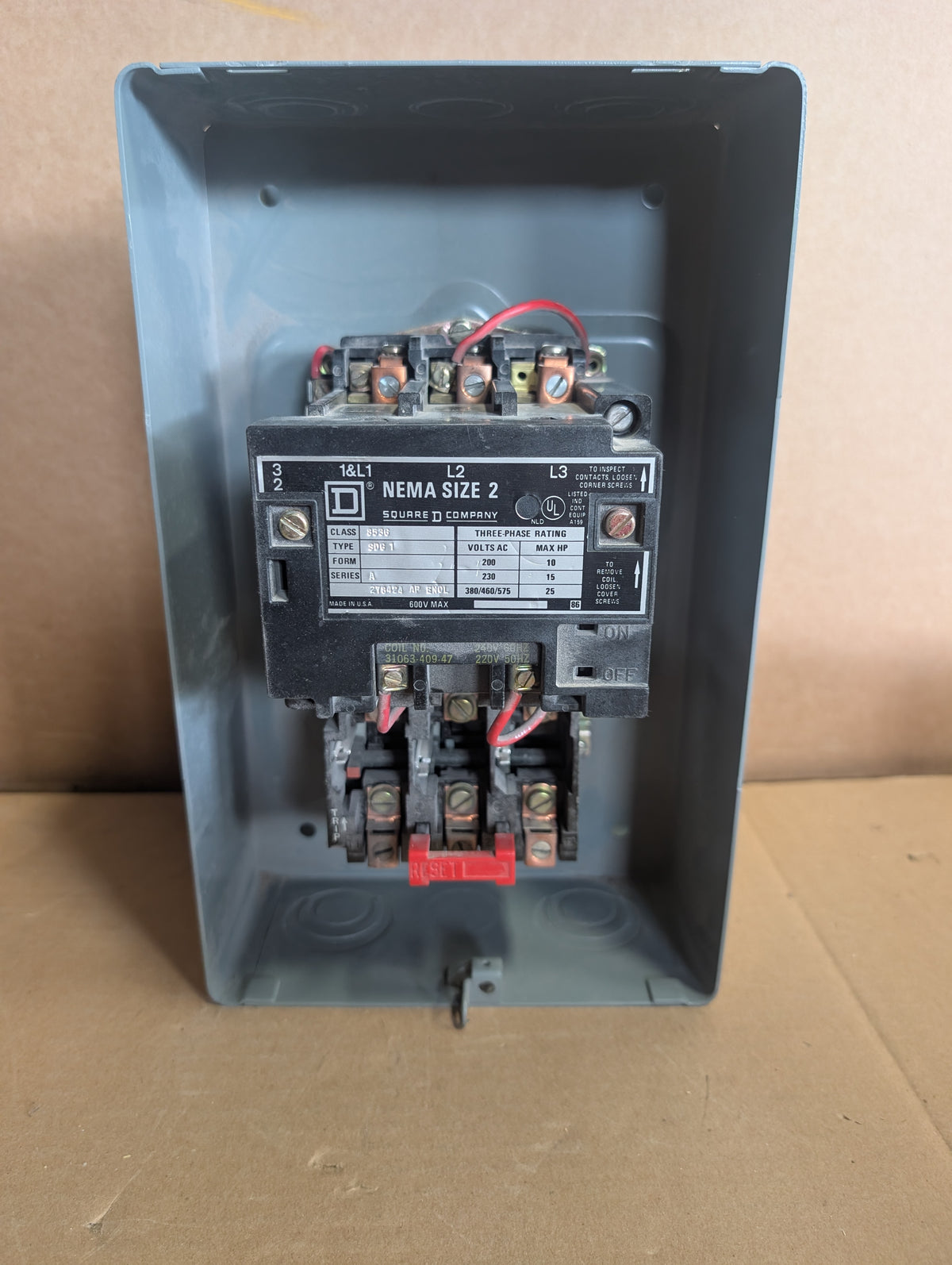 Square D Size 2 3PH 3 Pole Contactor Starter 8536SDG1 Coil 240V 25HP 45A NOS