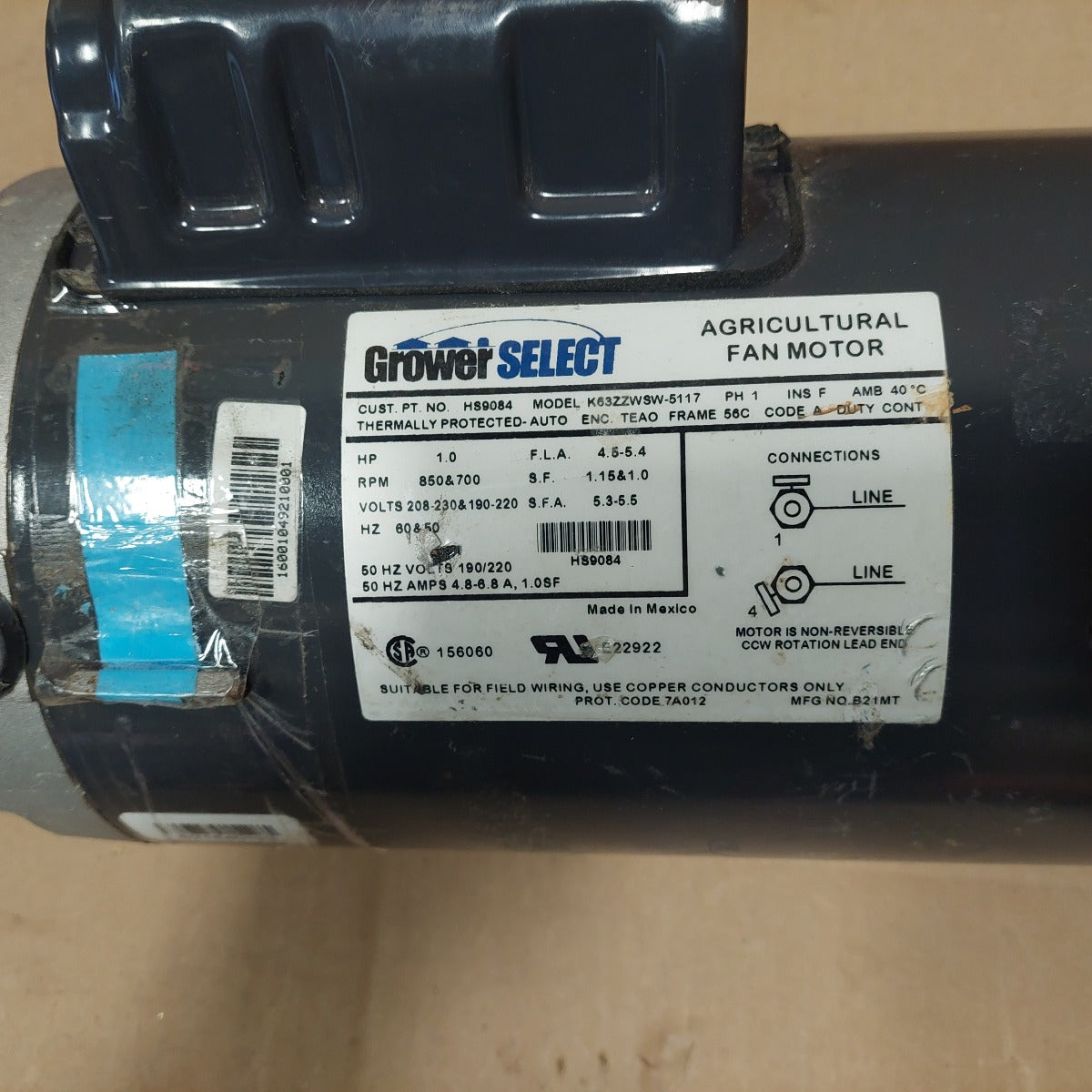 Grower Select HS9084 1HP 208-230V Agricultural Fan Motor K63ZZWSW-5117 New