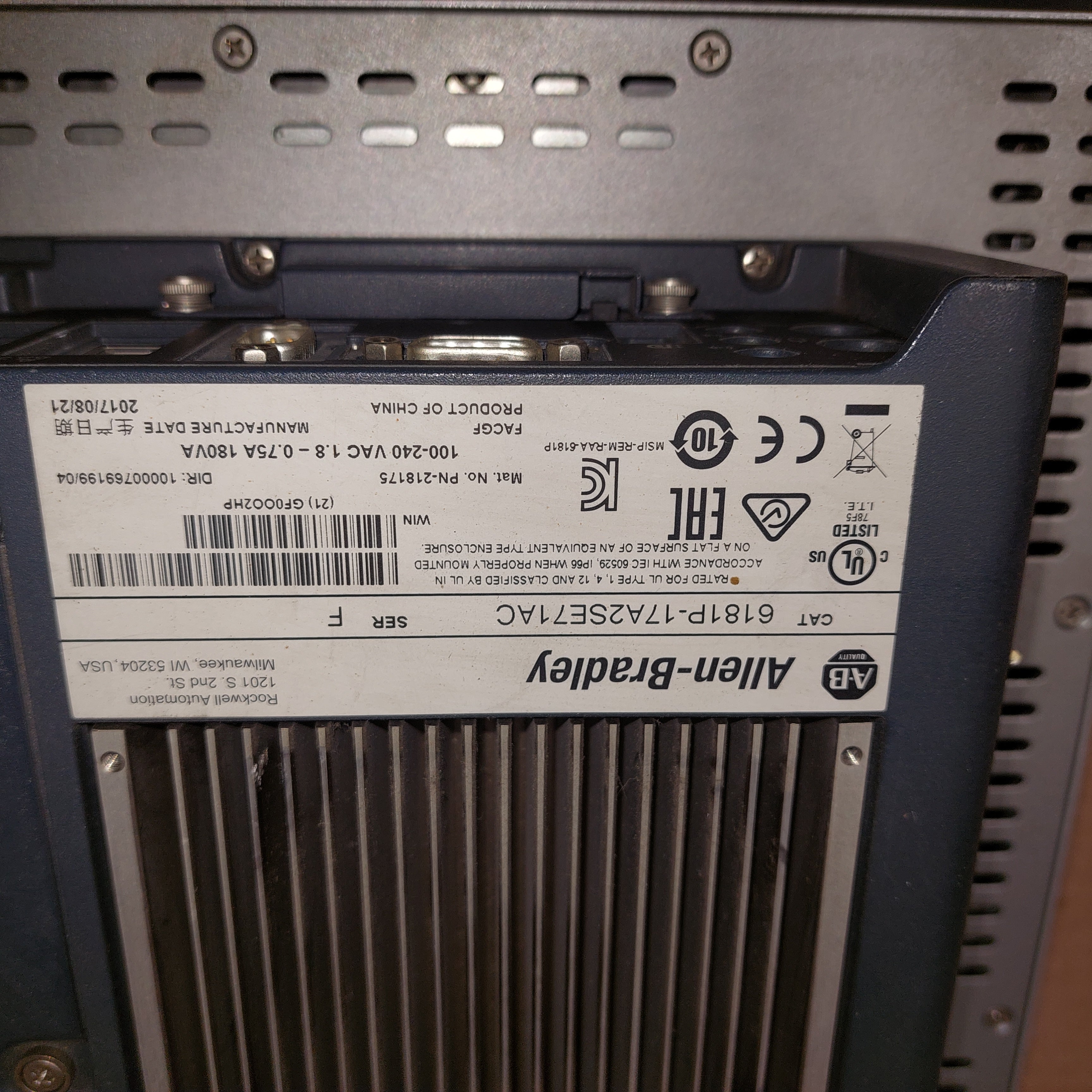 Allen Bradley 6181P-17A2SE71AC Industrial Computer Display 17" Used