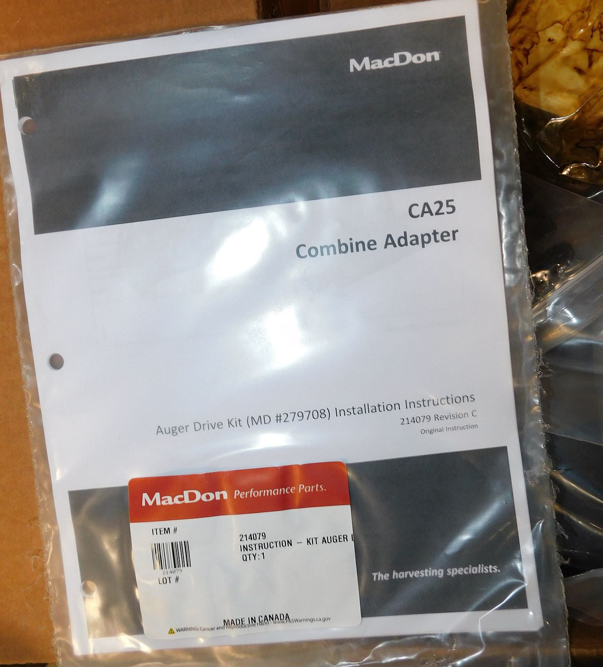 CA25 Combine Adapter MacDon 279708 Auger Drive Kit New