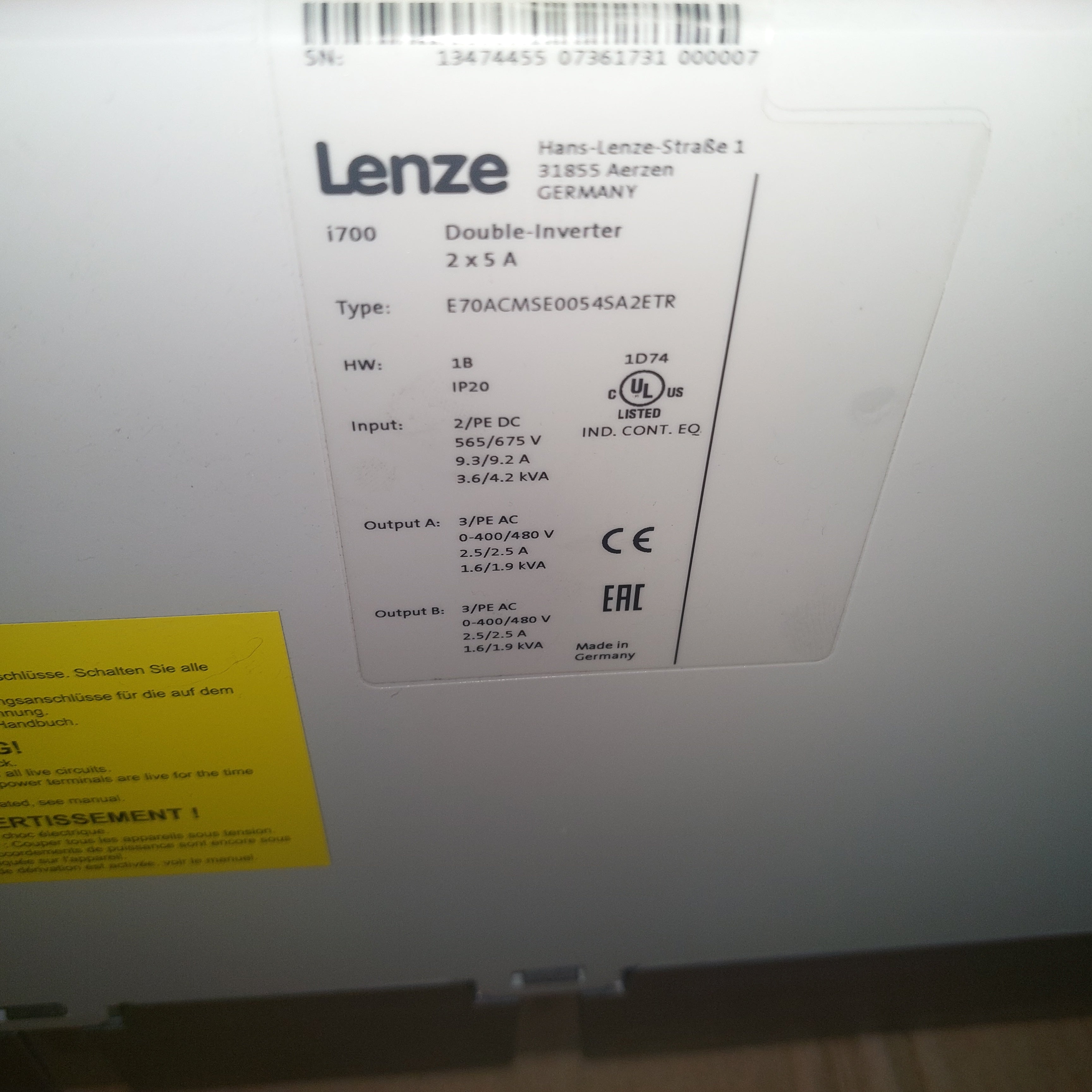 Lenze i700 E70ACMSE0054SA2ETR 2x5A Double Inverter Used