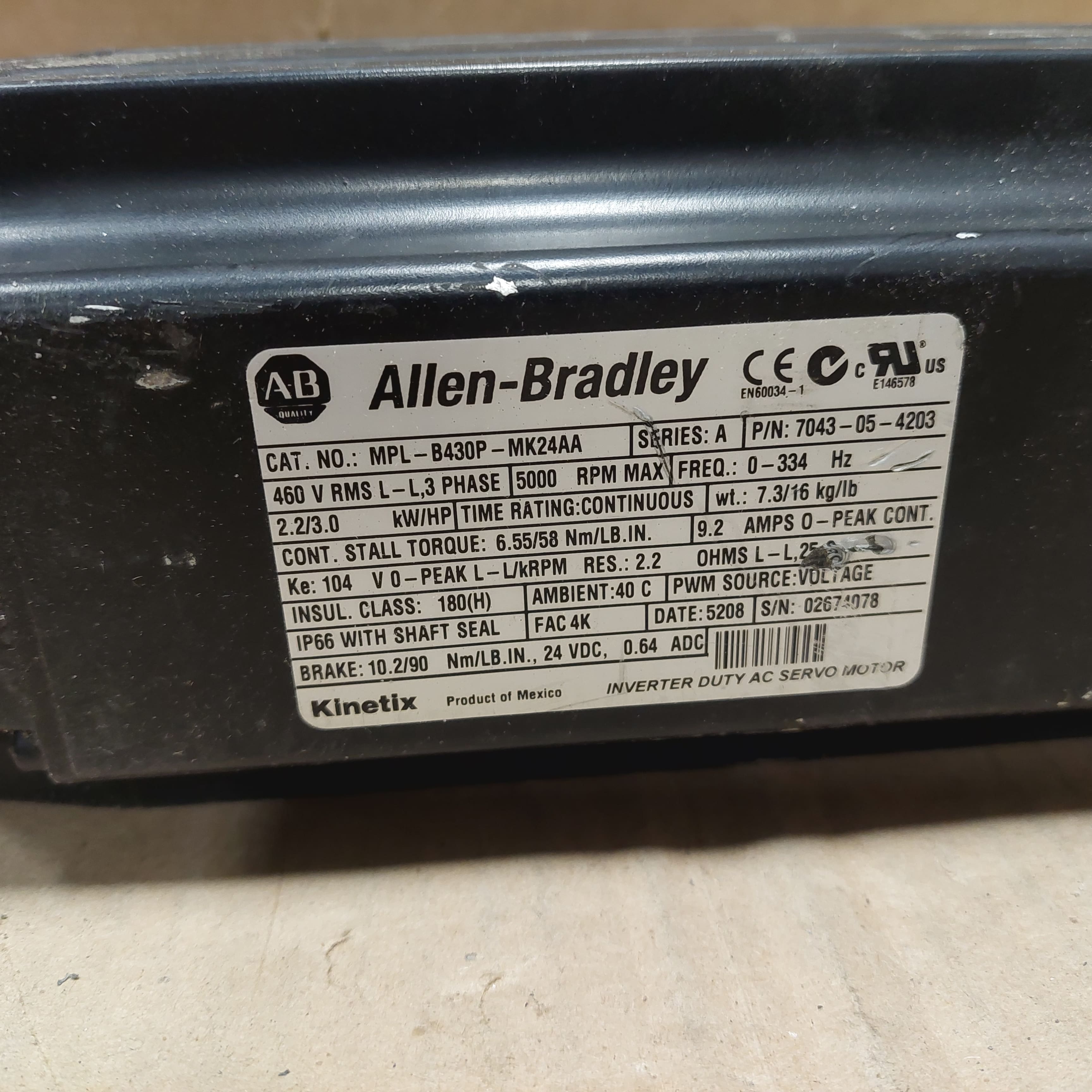 Allen Bradley MPL-B430P-MK24AA 460V AC Servo Motor 5K RPM Inverter Duty Used