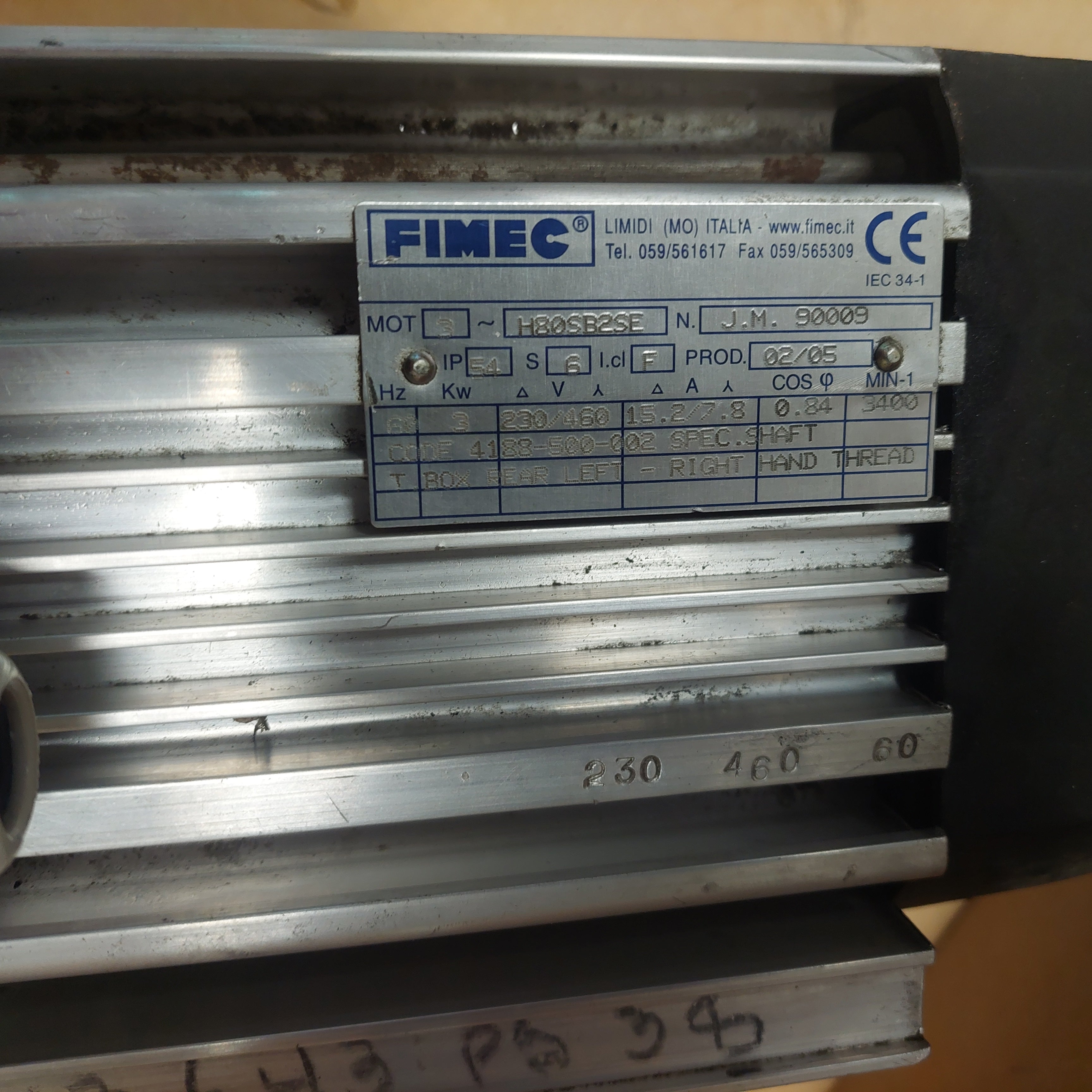 Fimec H80SB2SE 3 Kw 230/460V 3400 RPM Compact Saw Motor Used