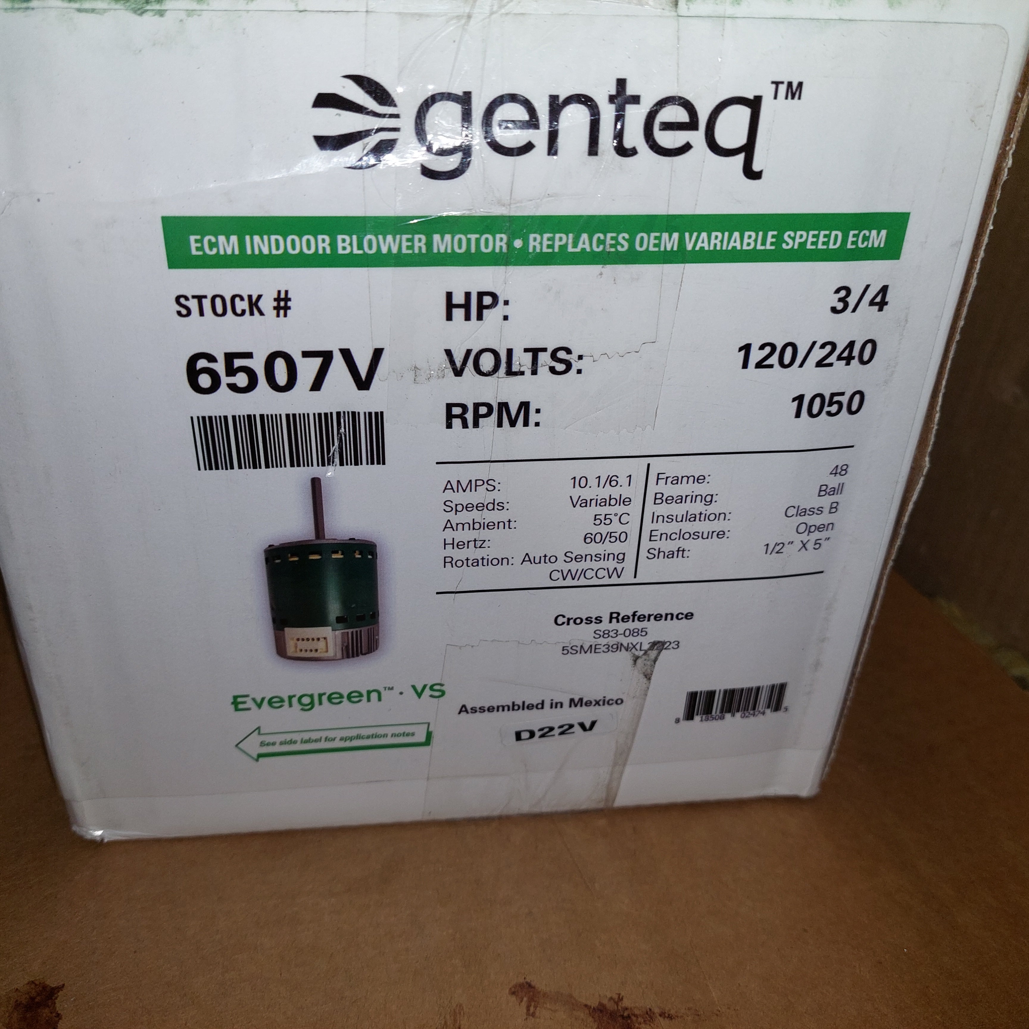 Genteq 6507V, S83-085, 5SME39NXL3223, 3/4HP, 120/240, Evergreen Motor New