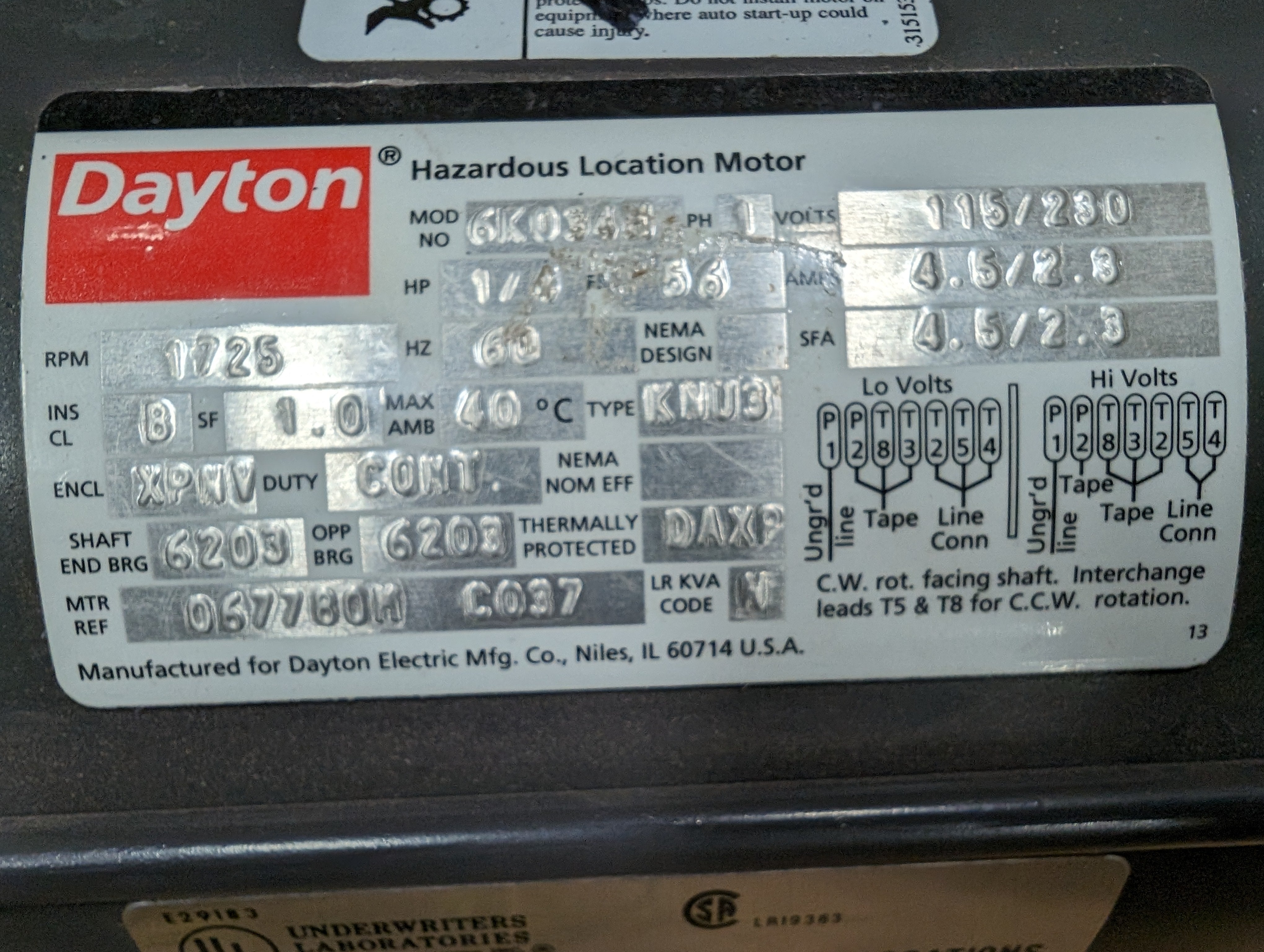 Dayton 6K034 1/4HP Hazardous Location Motor 115/230V 1725 RPM 56 Frame New
