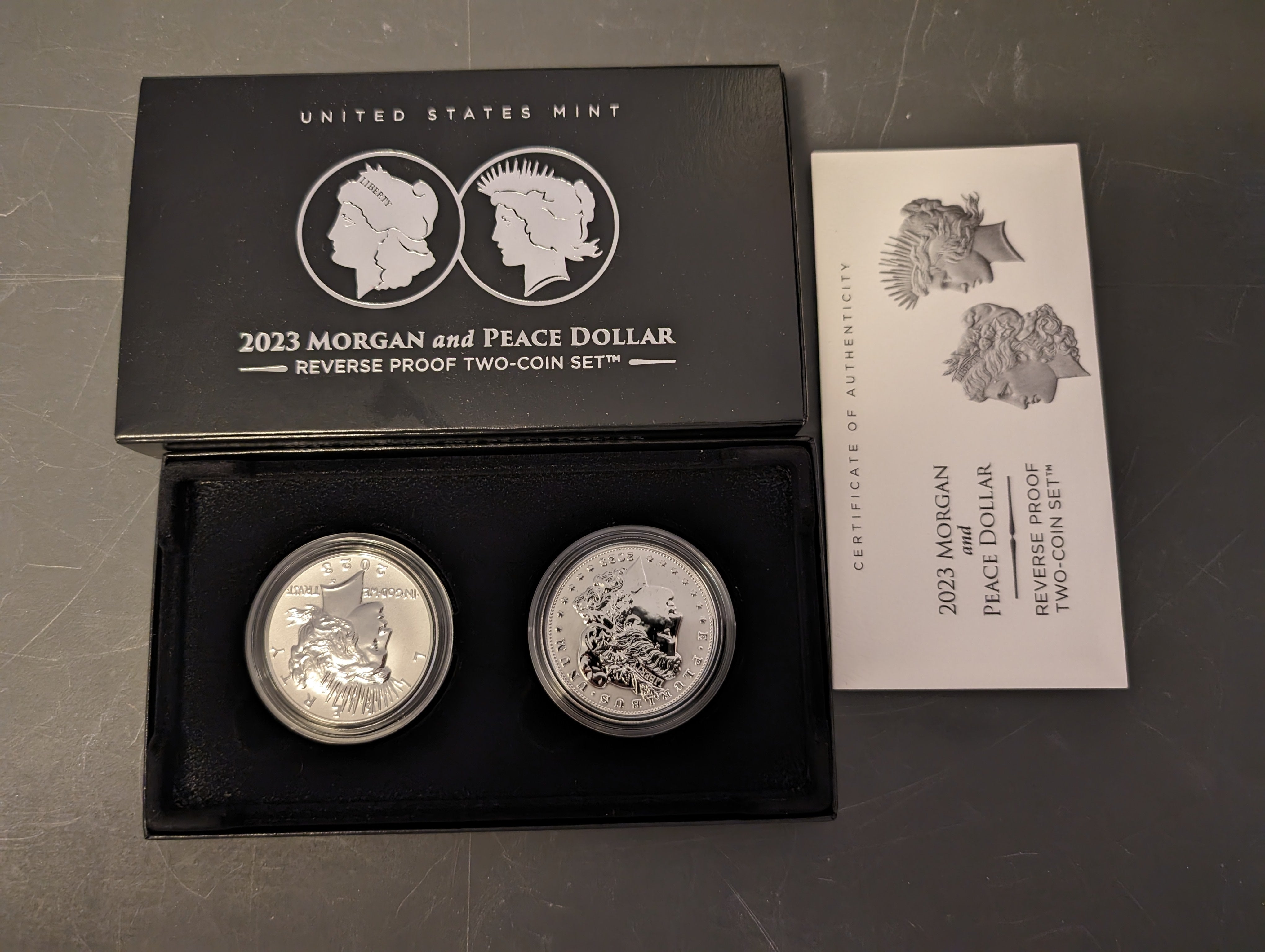 2023 S Reverse Proof Morgan and Peace Silver Dollar Set w/ Box & COA , In Hand
