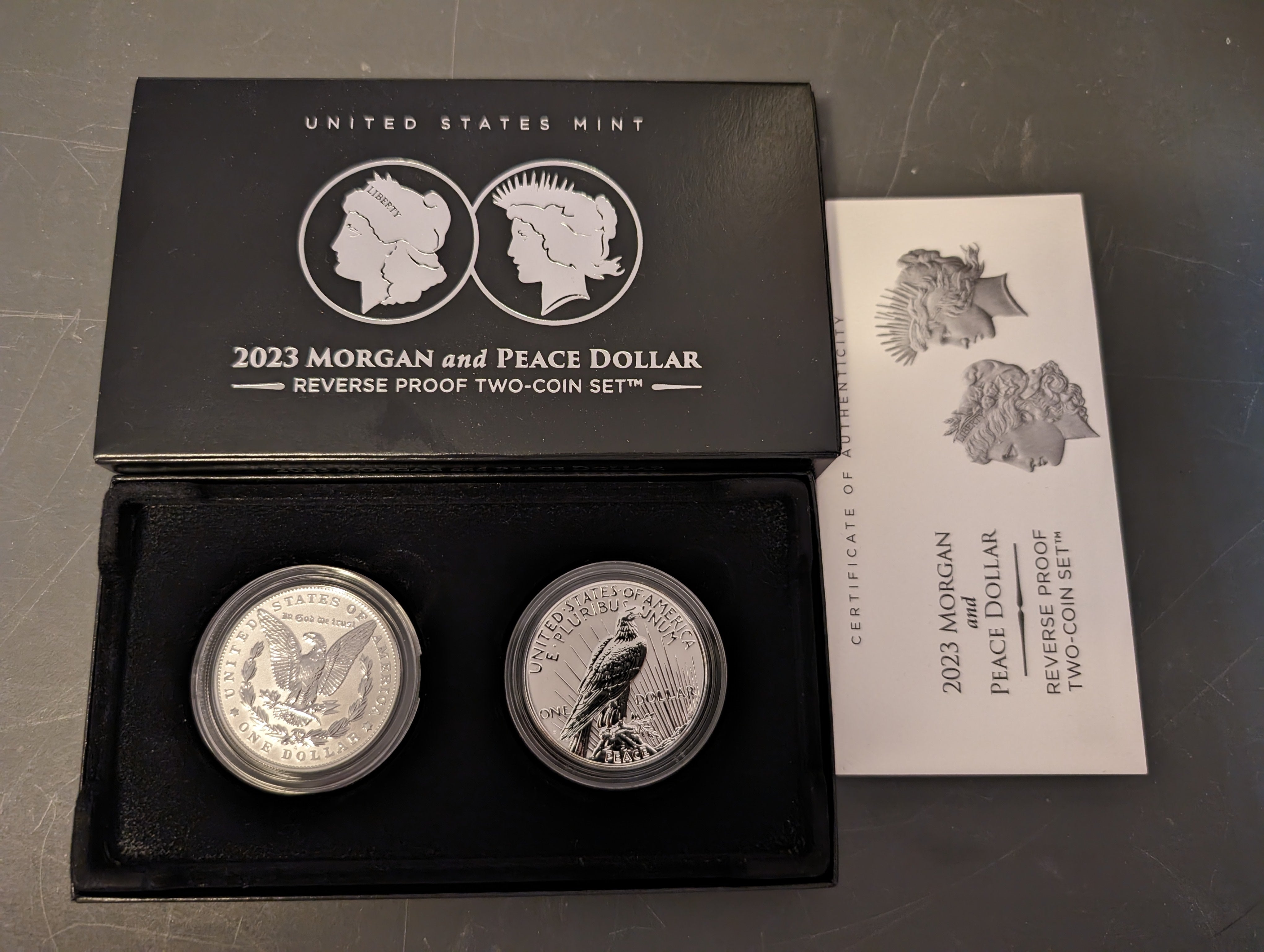 2023 S Reverse Proof Morgan and Peace Silver Dollar Set w/ Box & COA , In Hand