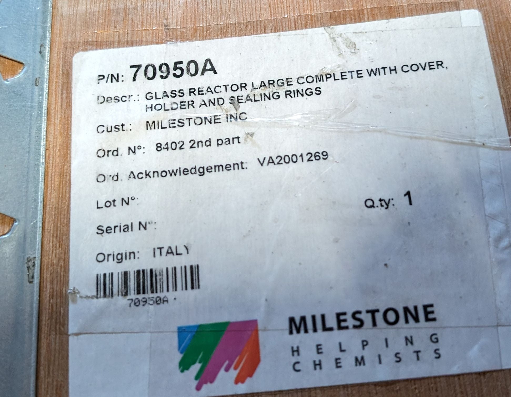 Milestone 70950A Glass Reactor Large 12L, Cover & Sealing Rings