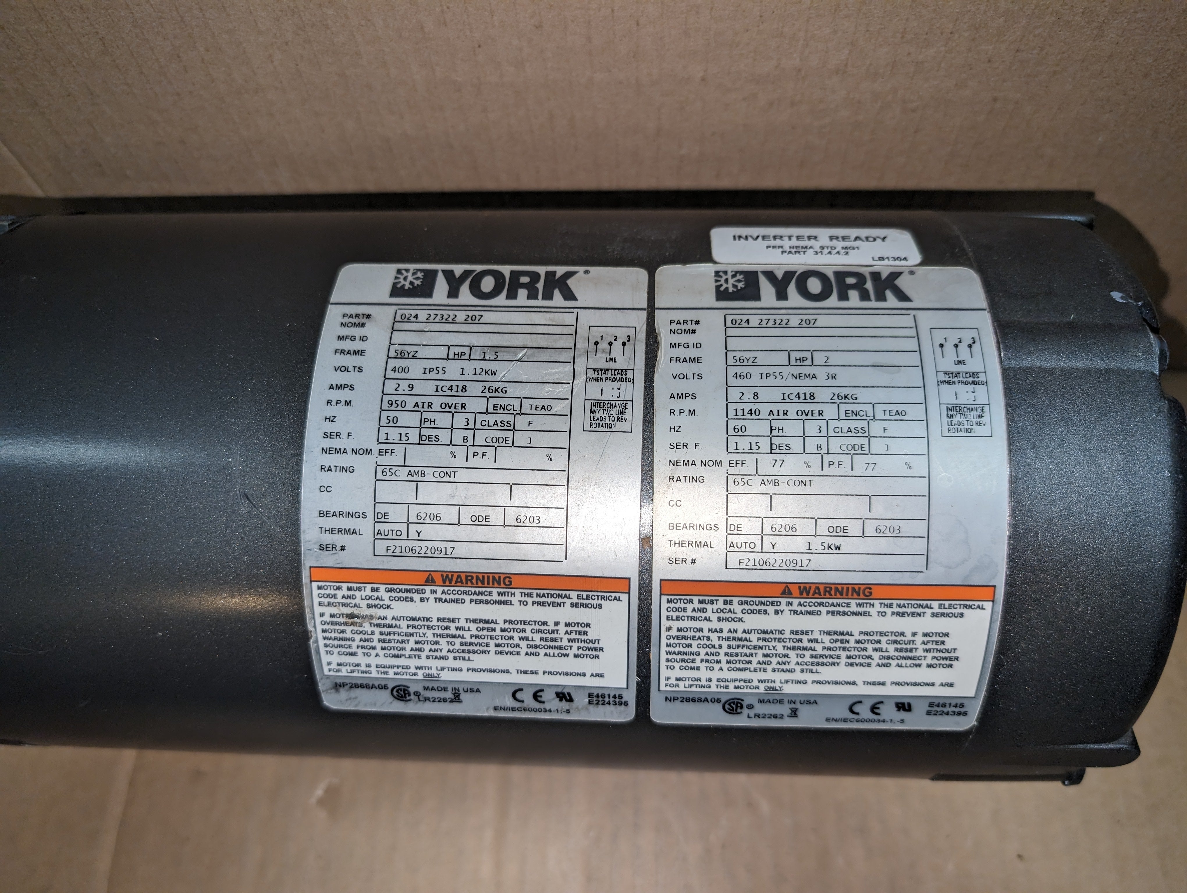 York 024-27322-207 1140 RPM Condenser Motor (2 HP, 3 PH, 460V) New