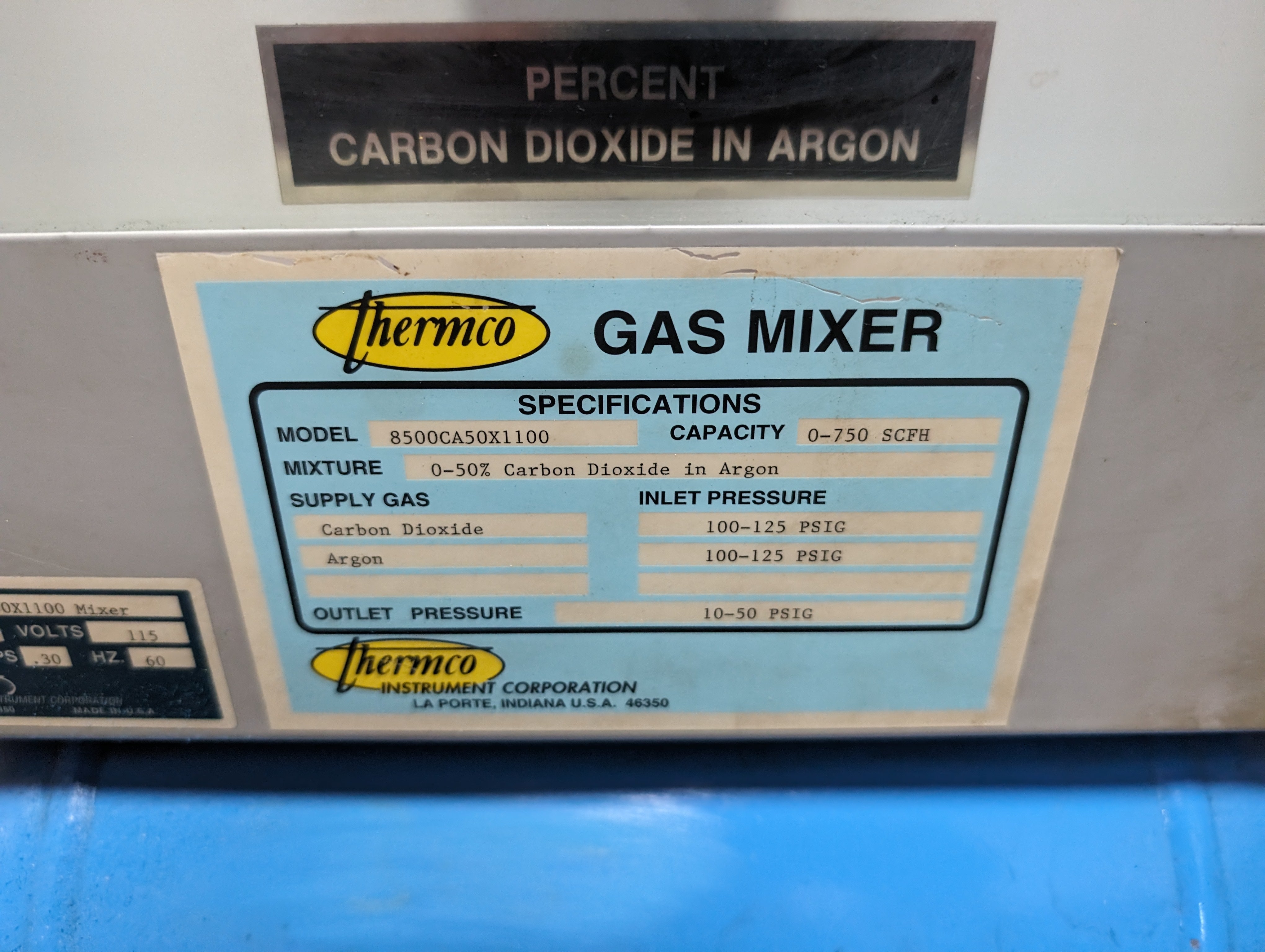 Thermco 8500CA50x1100 Gas Mixer 0-750 SCFH 0-50% Co2 in Argon Used