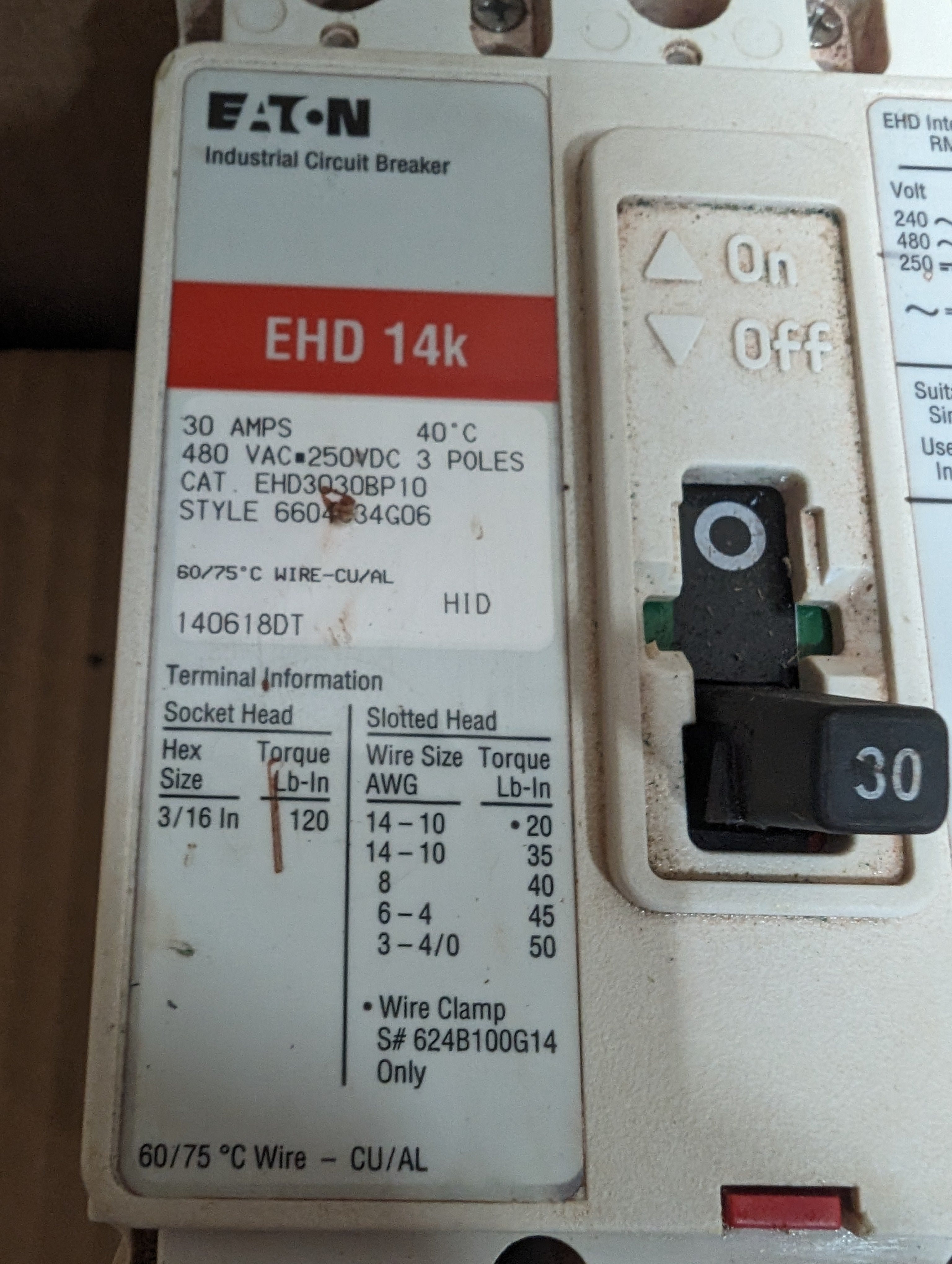 Eaton EHD3030BP10 480V 30A Circuit Breaker 6604C34C06 3 Pole 250 VDC Used
