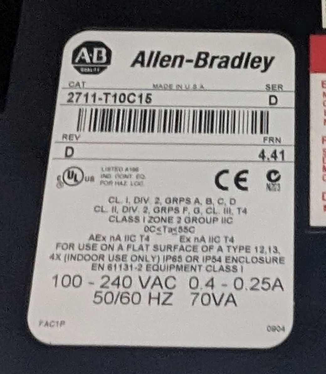 Allen Bradley PanelView 1000 2711P-T10C15  Ser D Rev D 4.41 ControlNet