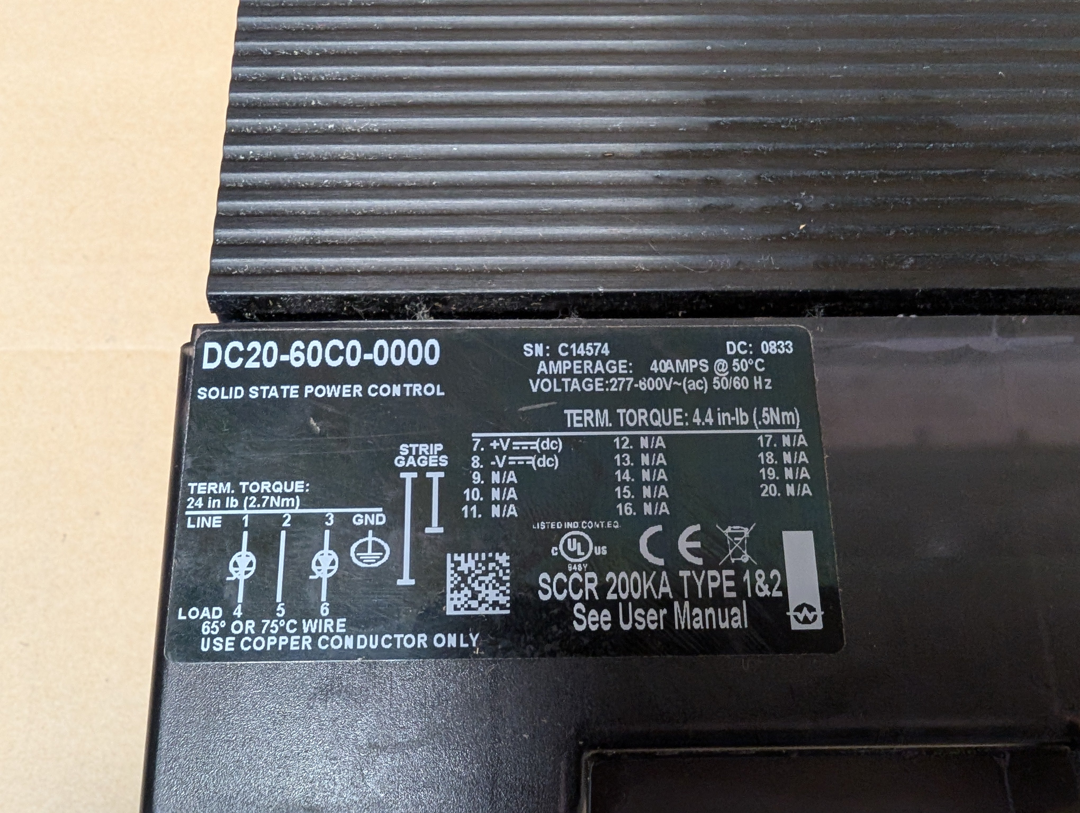 Watlow DIN-a-mite DC20-60C0-0000 Solid State Power Control Used