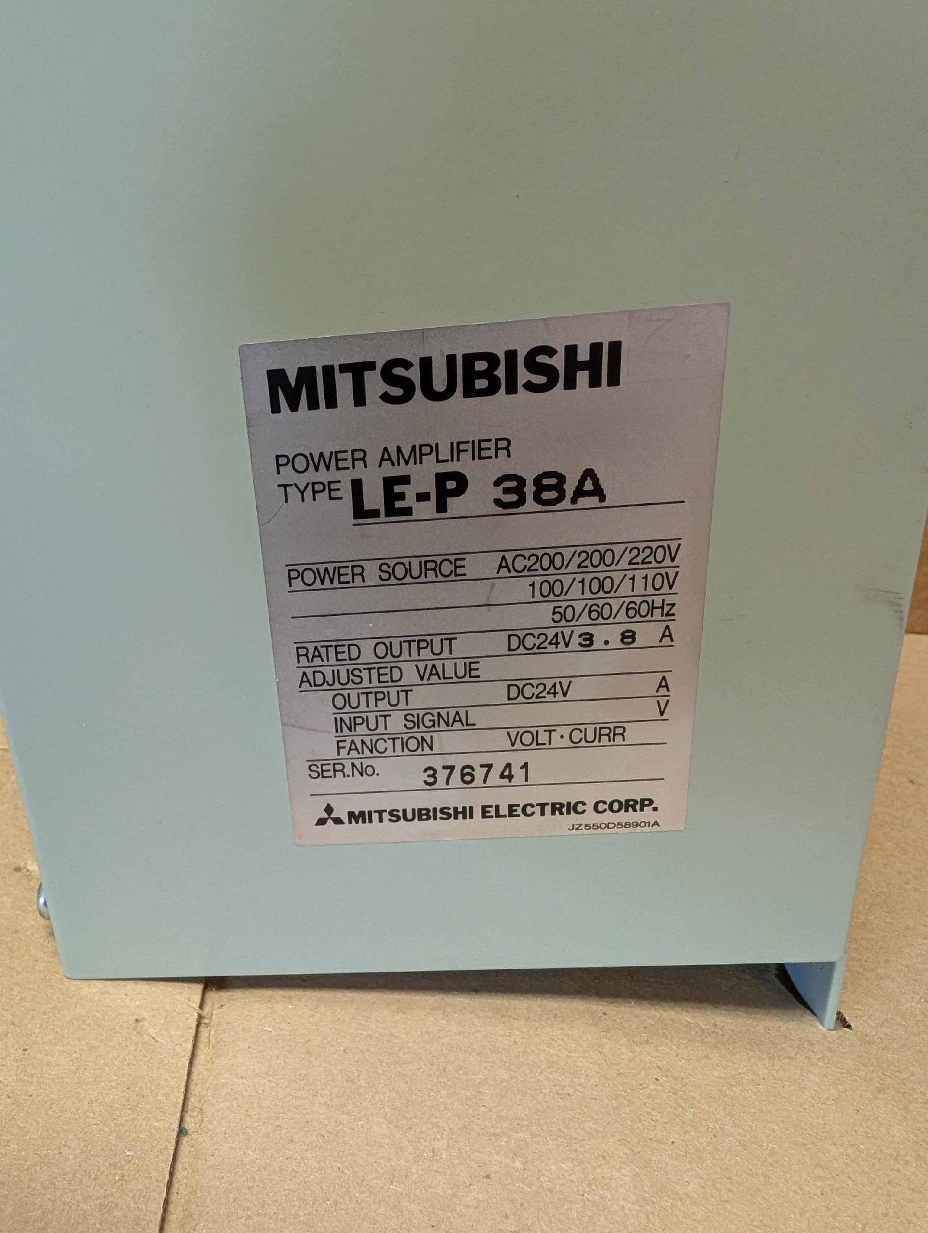 Mitsubishi LE-P 38A Power Source 200-220 VAC In, 24DC Out 3.8A Used