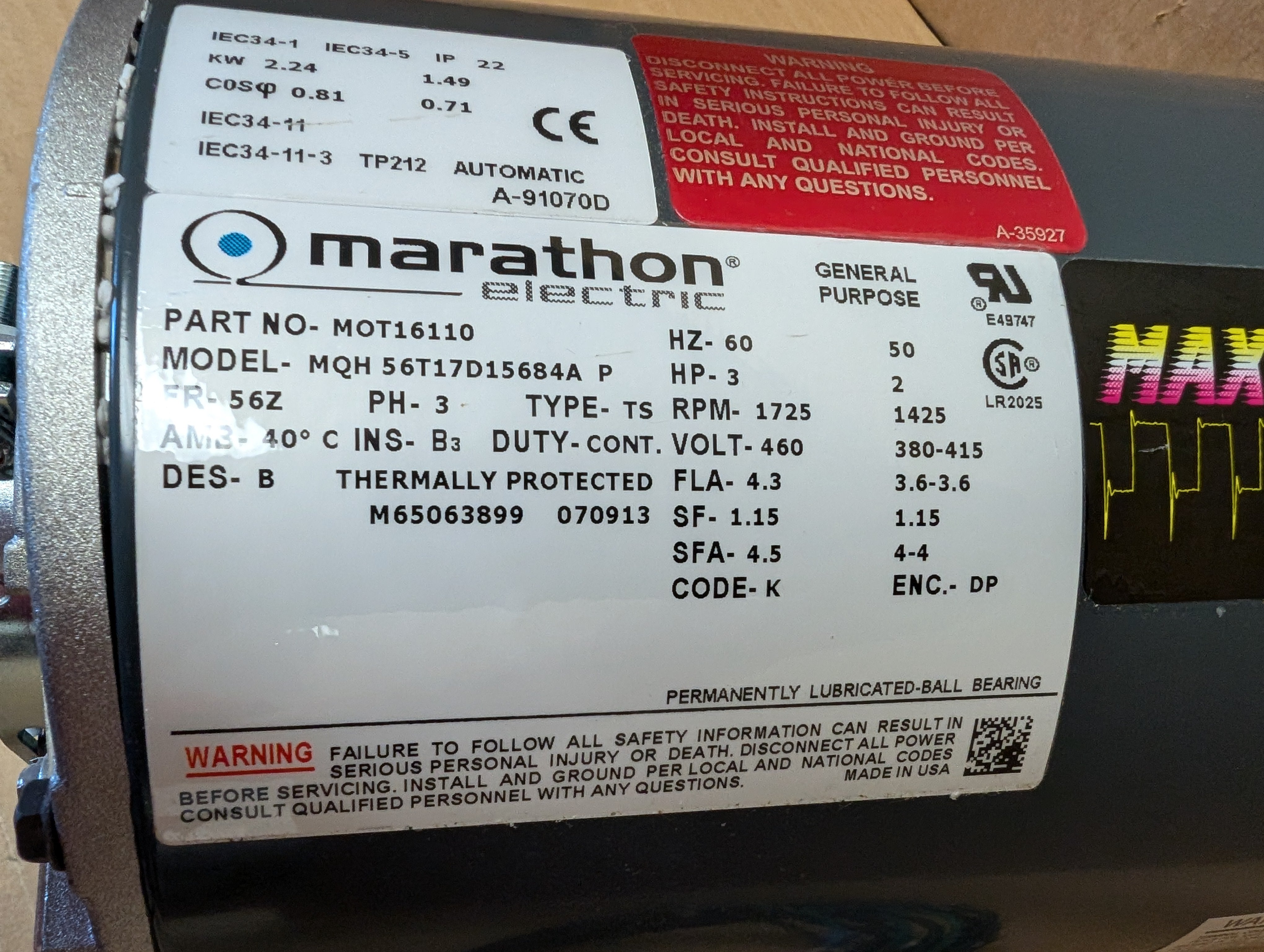 Trane MOT16110 Marathon 056T17D15684 3-2 HP 1725/1425 RPM  460V 3 PH New