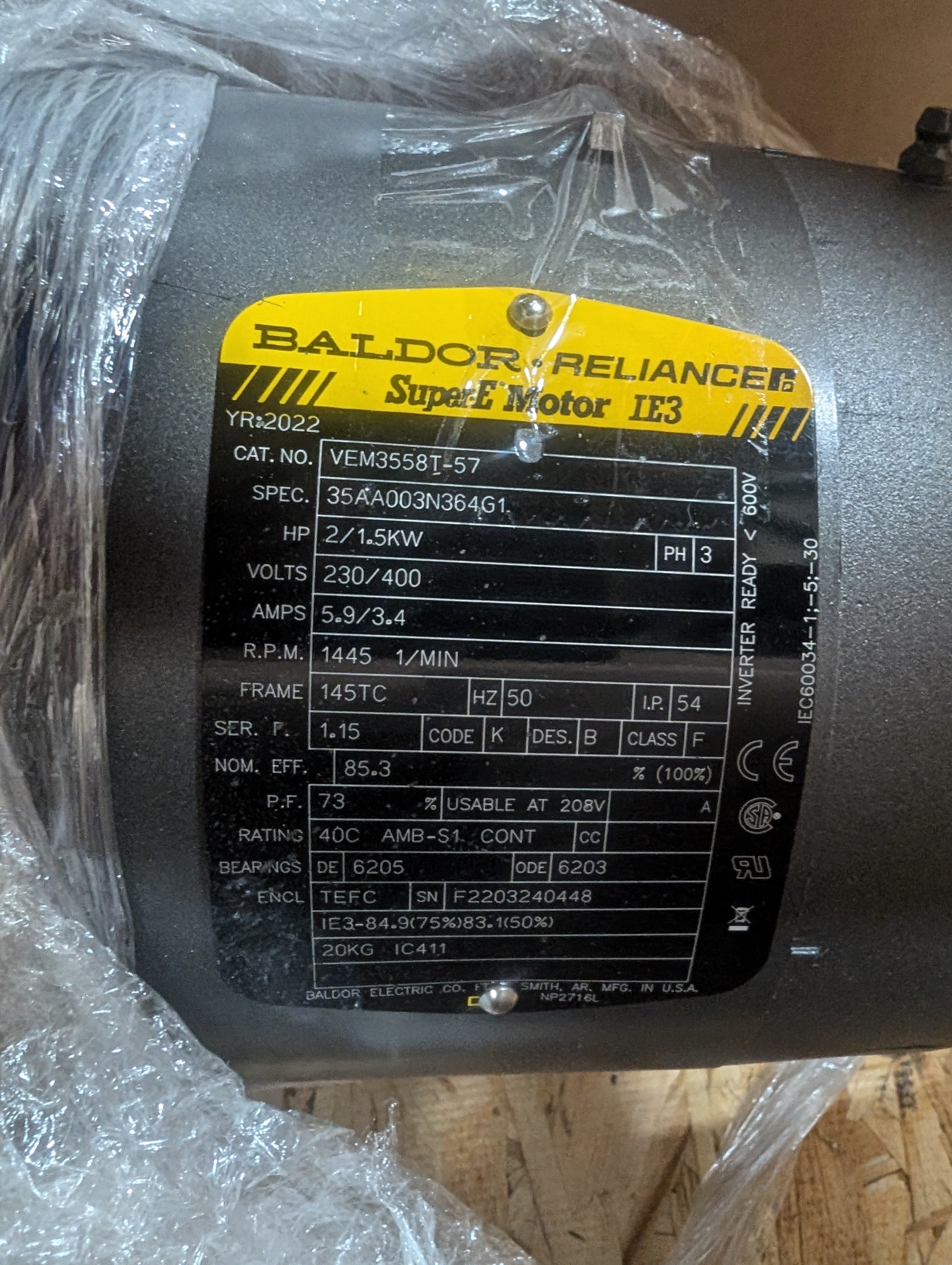 Baldor VESuper VEM3558T-57, 2HP, 230/400V, 5.9A, 1445 RPM, 50Hz. New