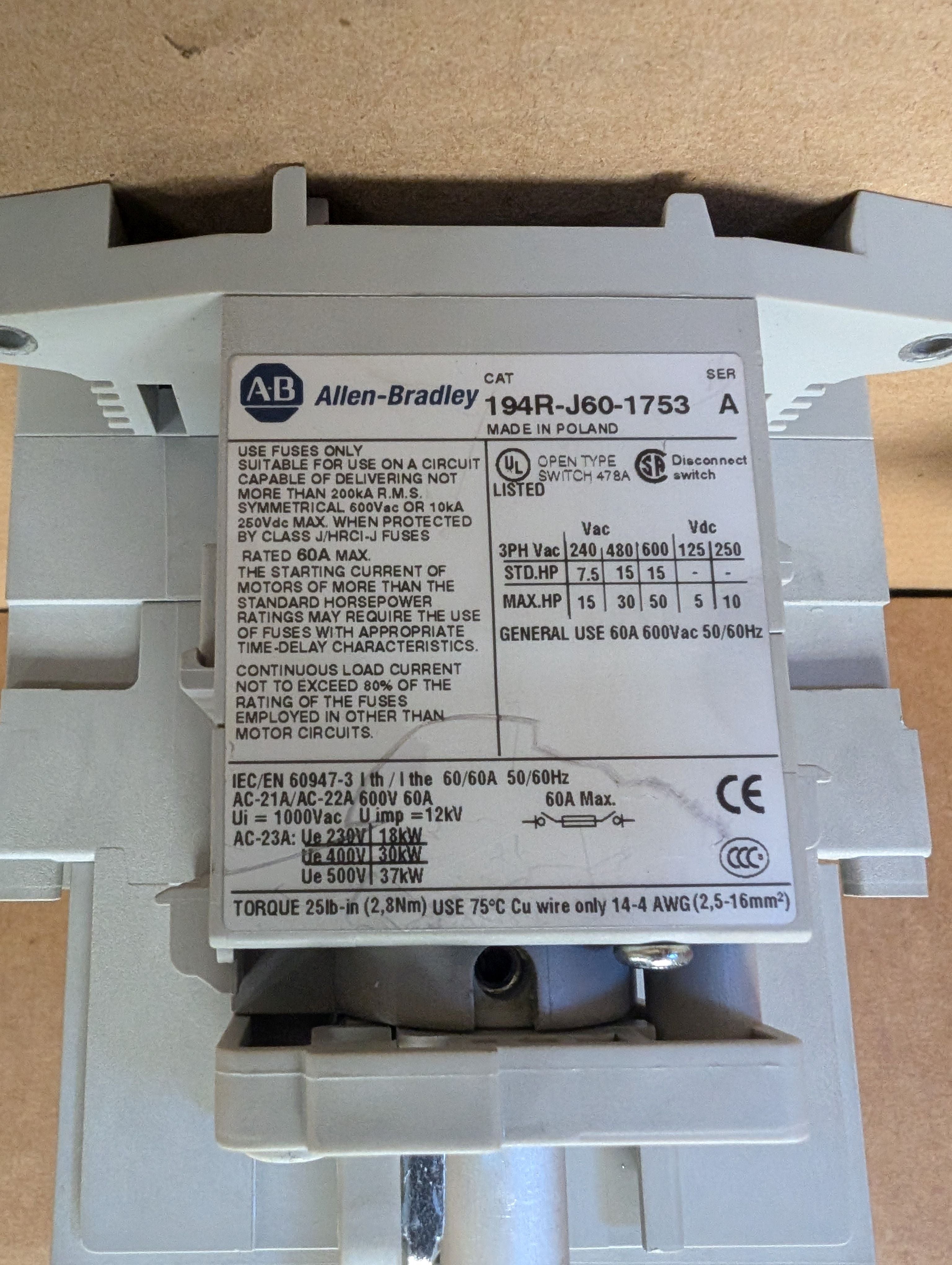 Allen Bradley 194R-J60-1753 60A Disconnect Switch, 194R-PY, 194R-N2 Used