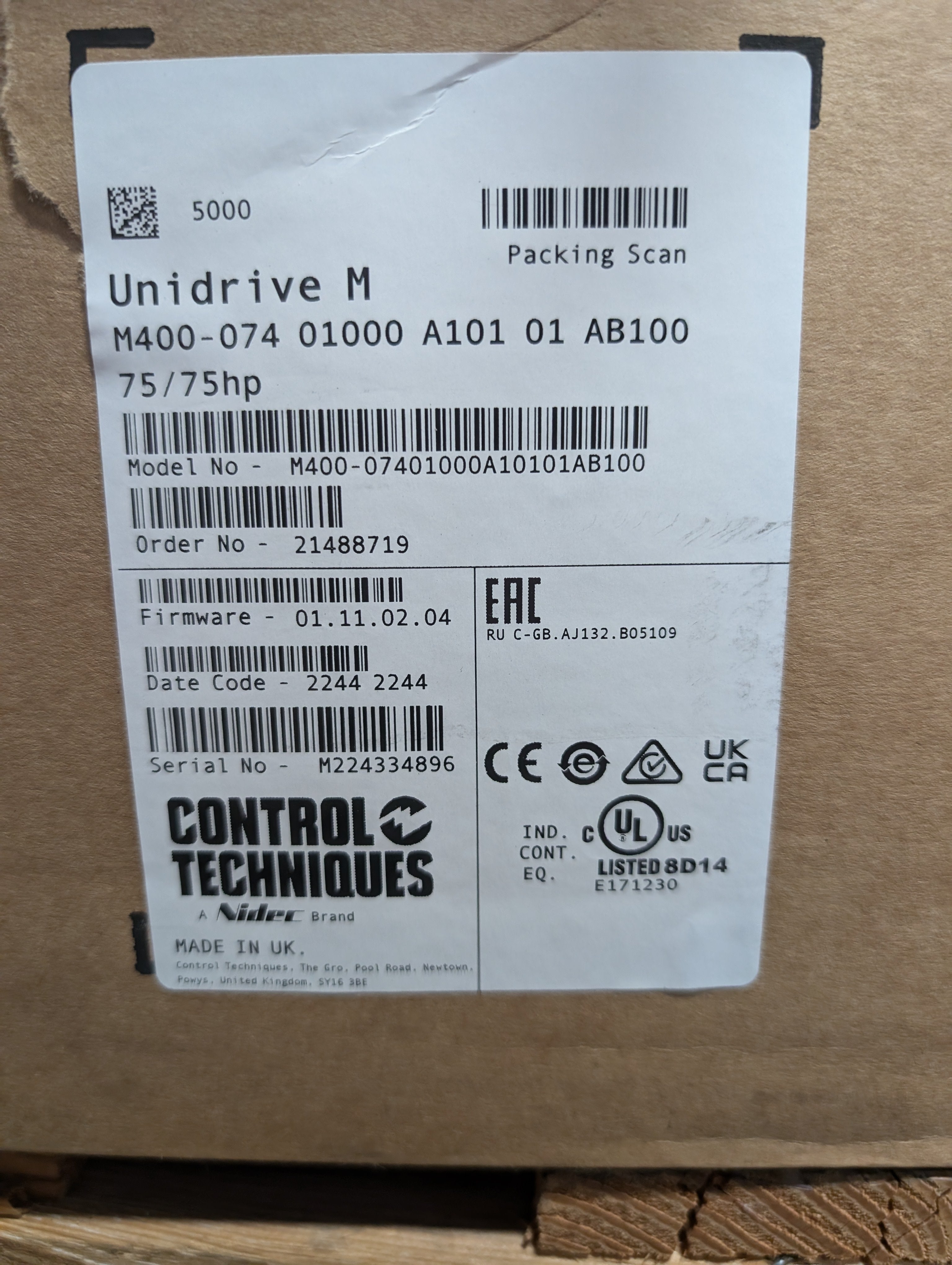 2022 Nidec Control Techniques 75HP 460 100A Unidrive M40007401000A10101AB100 New