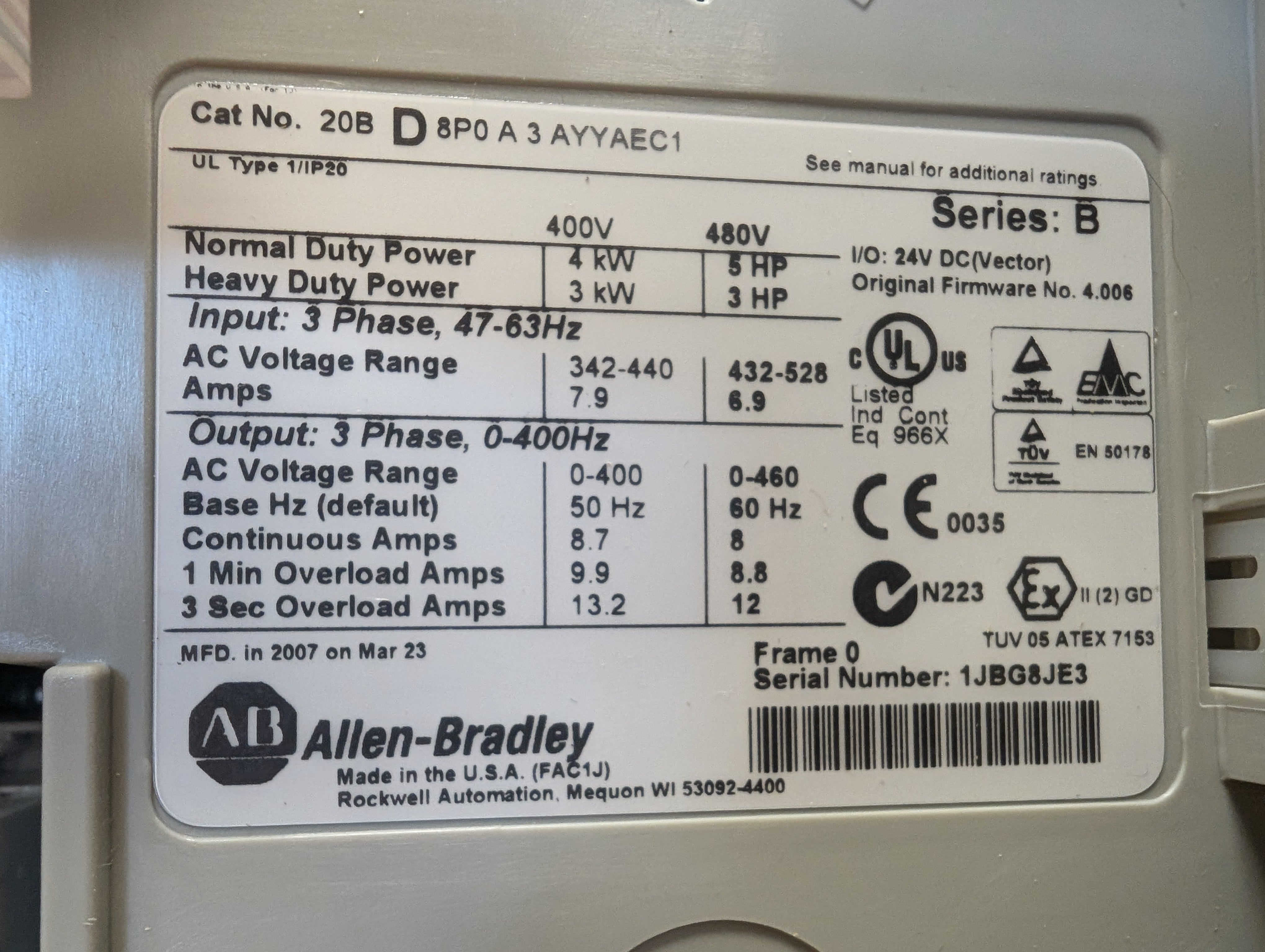 2007 Allen Bradley 20BD8P03AYYAEC1 480V 5HP 3 PH Ser. B FW. 4.006 24V Used