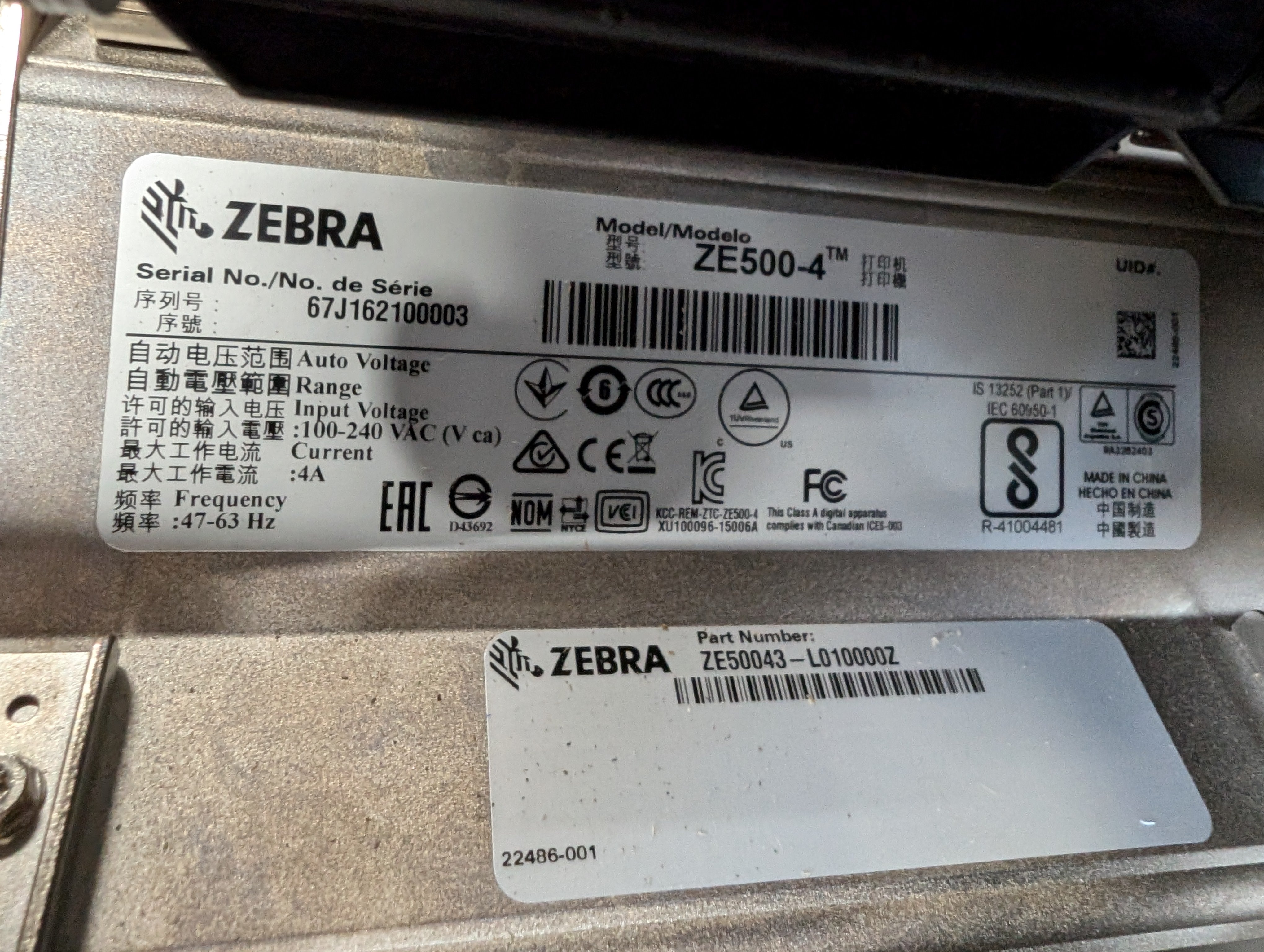 2016 Weber 5300 RH DOM Labeler & Zebra ZE500-4 Printer, ZE50043-L010000Z Used