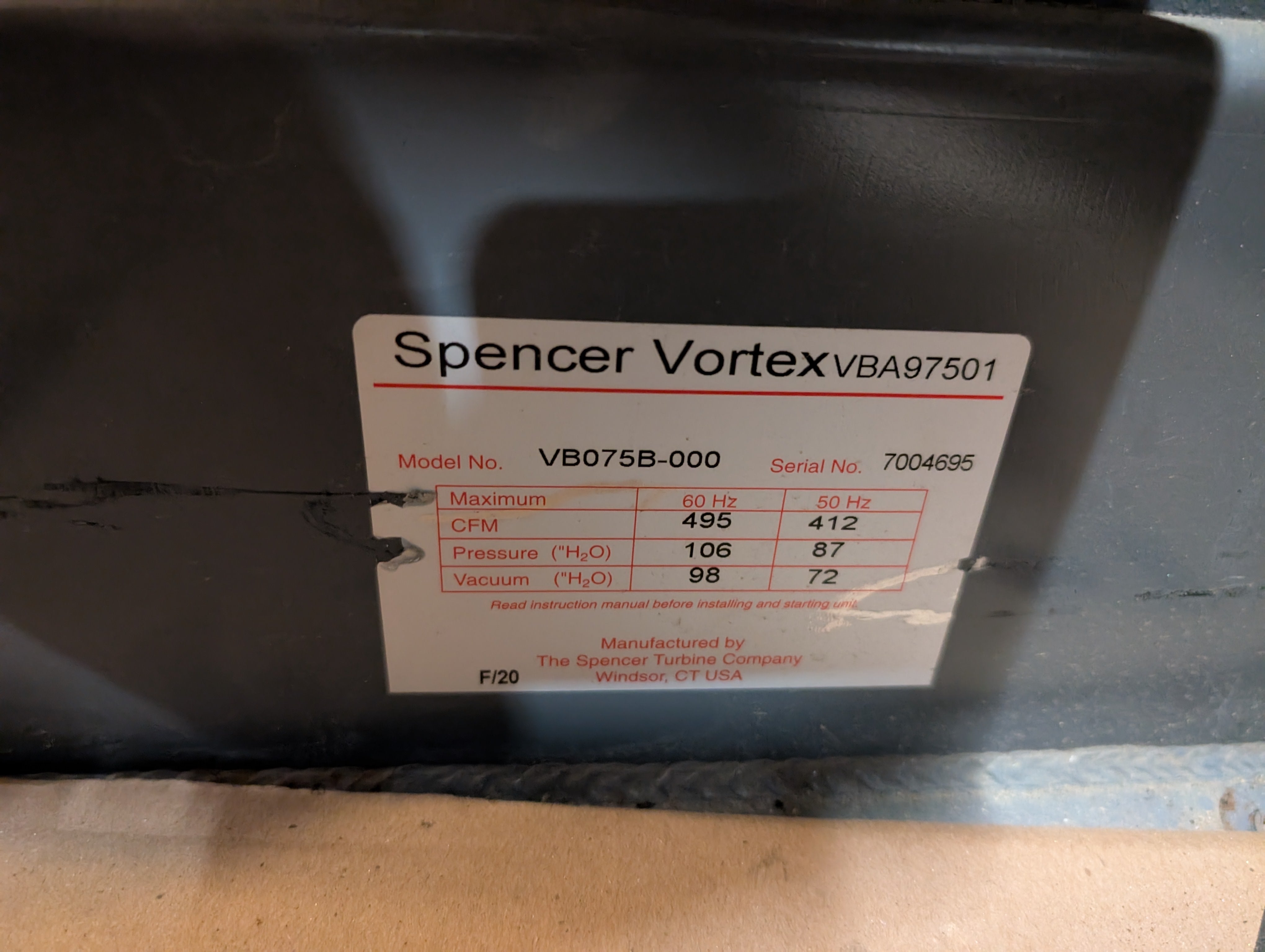 Spencer Vortex 10 HP VB075B-000 495 CFM Regenerative Vacuum Blower Used