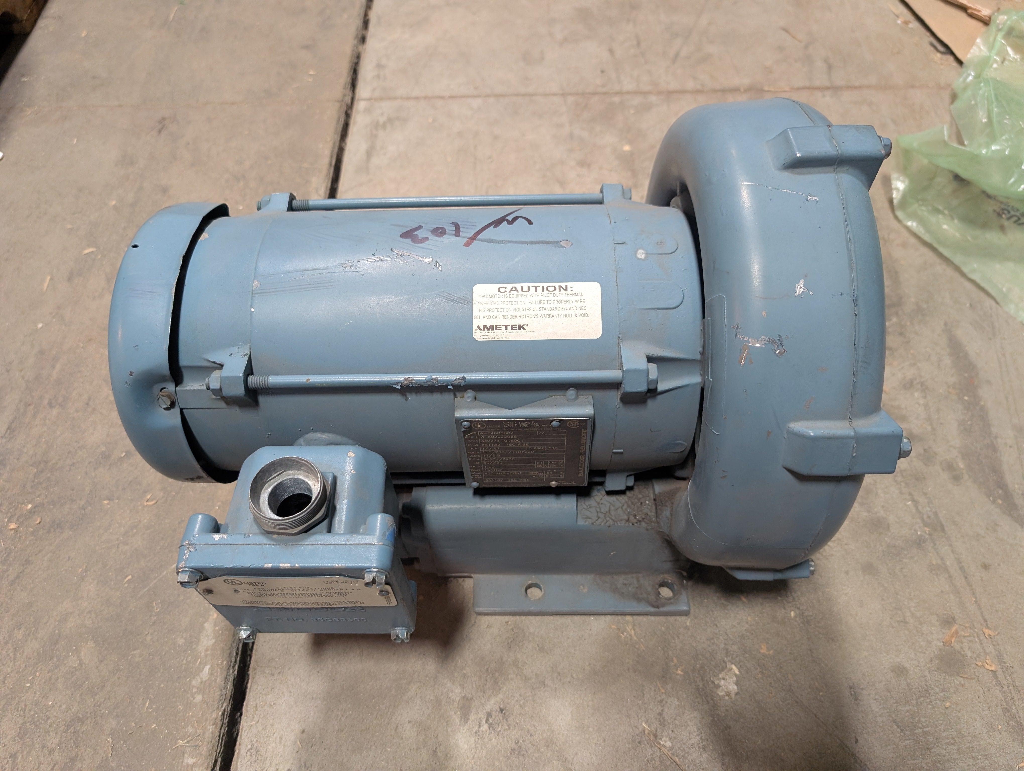 Rotron Ametek 038173 EN404AR58ML Hazardous Location Regenerative Blower 1HP Used