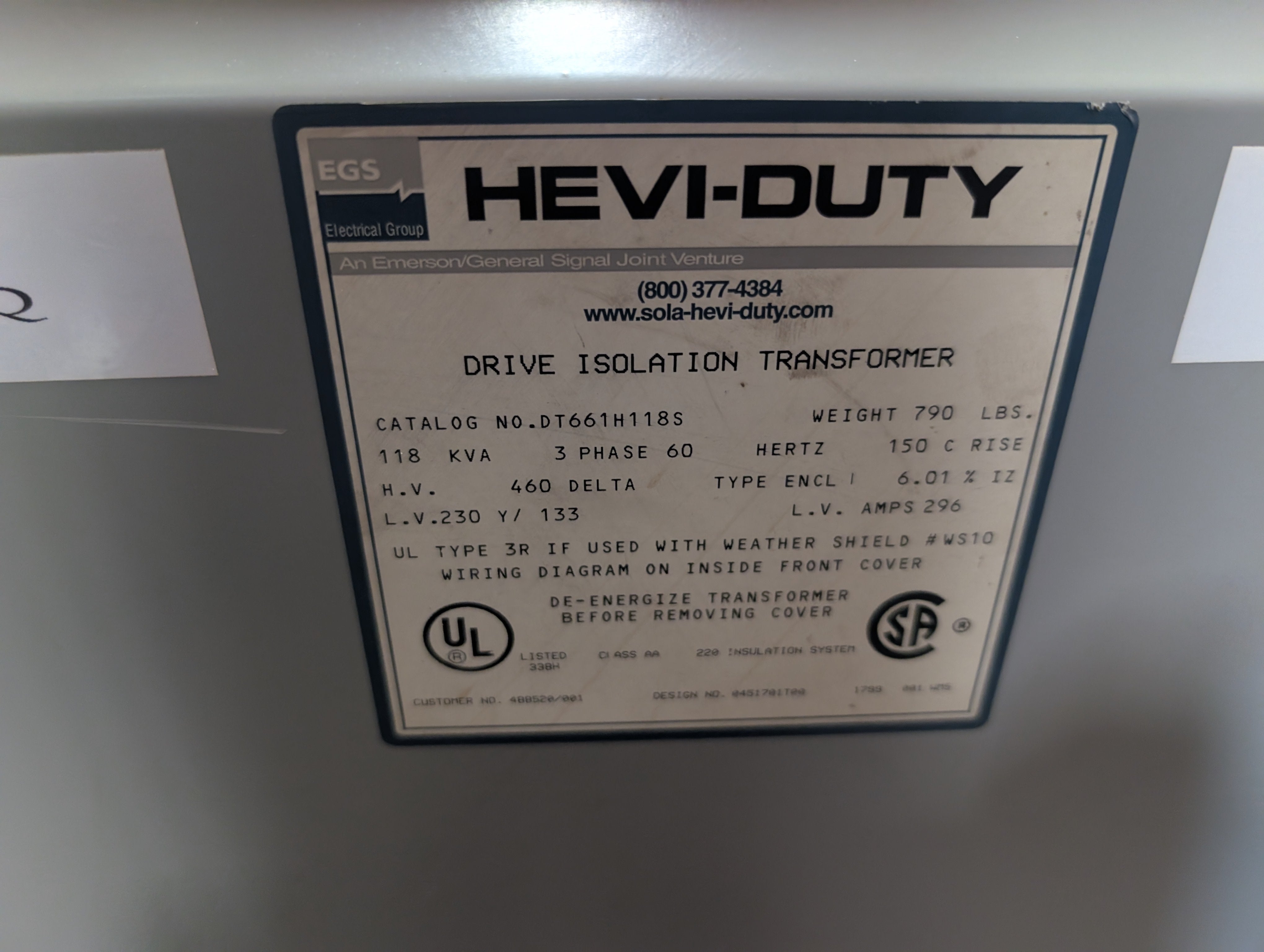 Hevi-Duty DT66H118S 118 KVA Isolation Transformer 460V Delta 230/133V Used