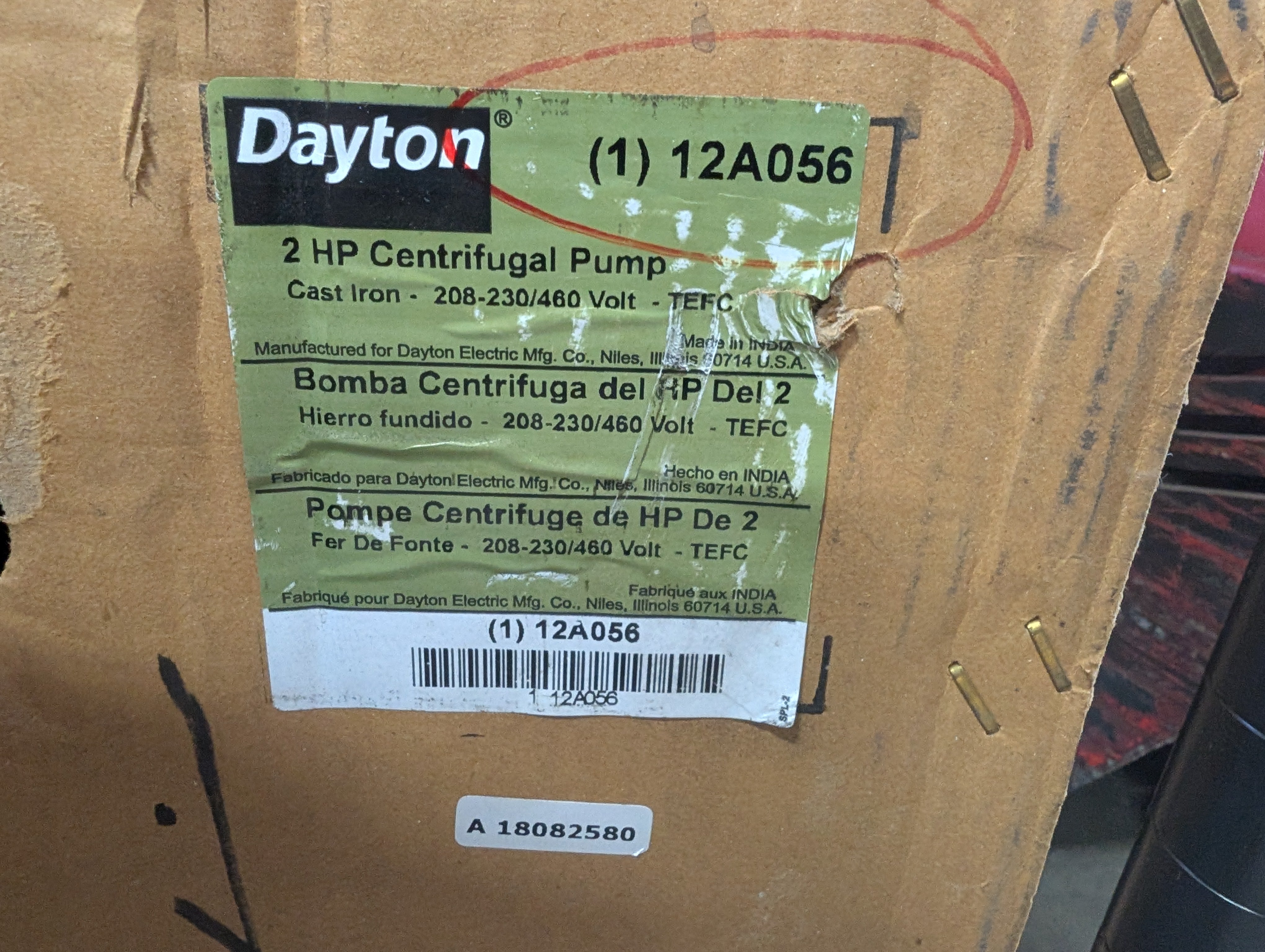 Dayton 12A056 2HP Centrifugal Cast Pump 208-230/460 TEFC 3 PH 2 1/2" X 2" New