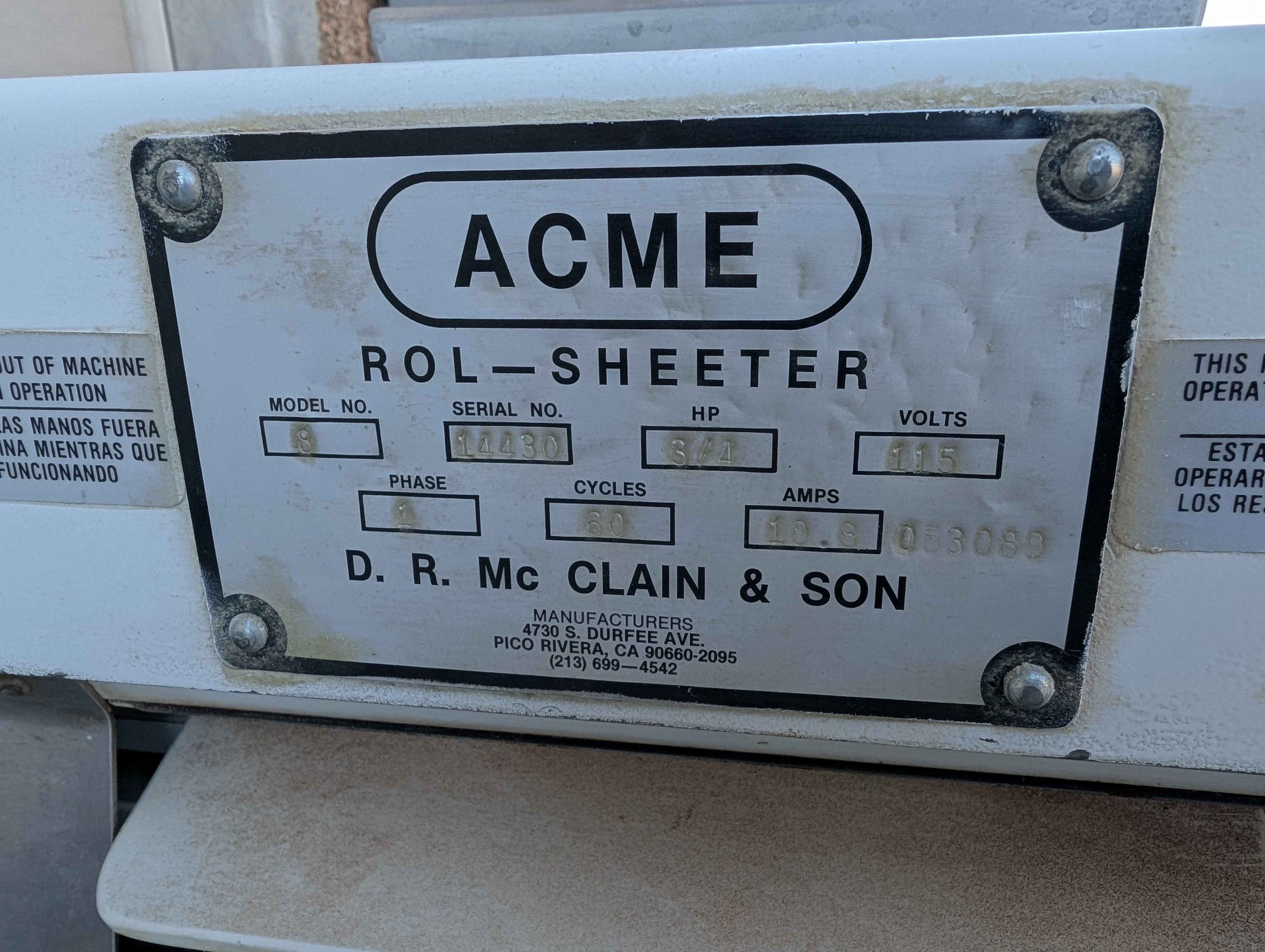 ACME Rol-Sheeter Model 8 115V 1 PH US Made Used