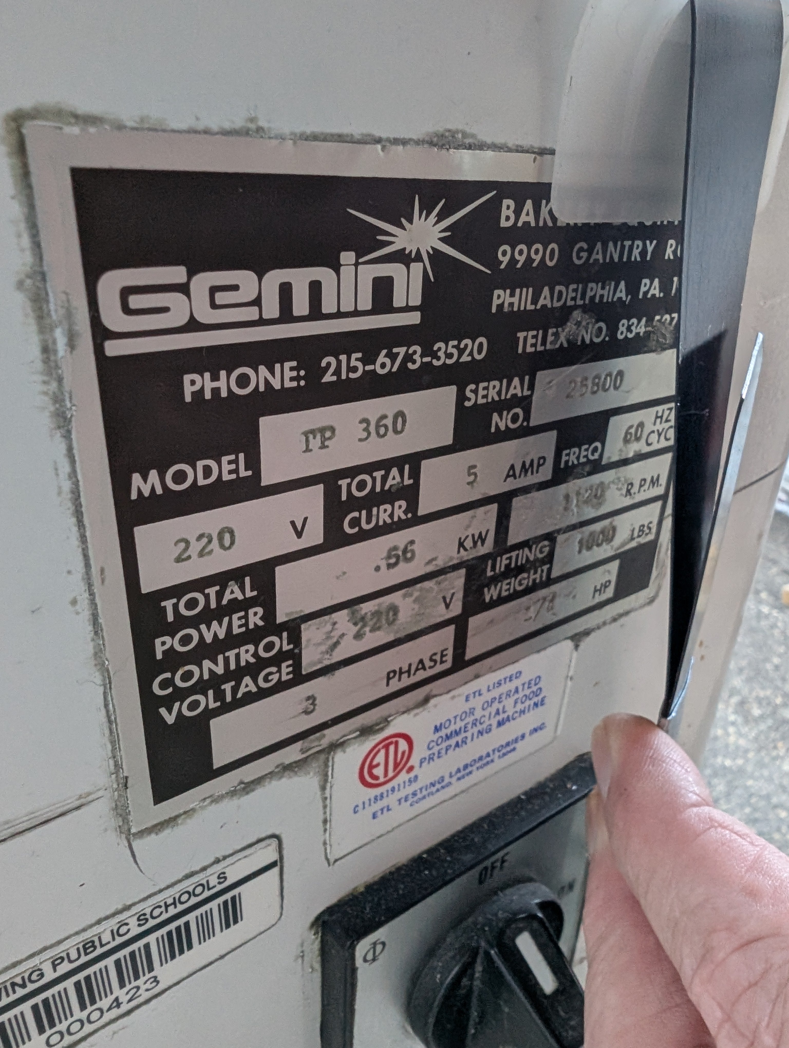 Gemini Model TP 360  Bun Divider/Rounder 220V 3 Ph 36 Pc US Made Used