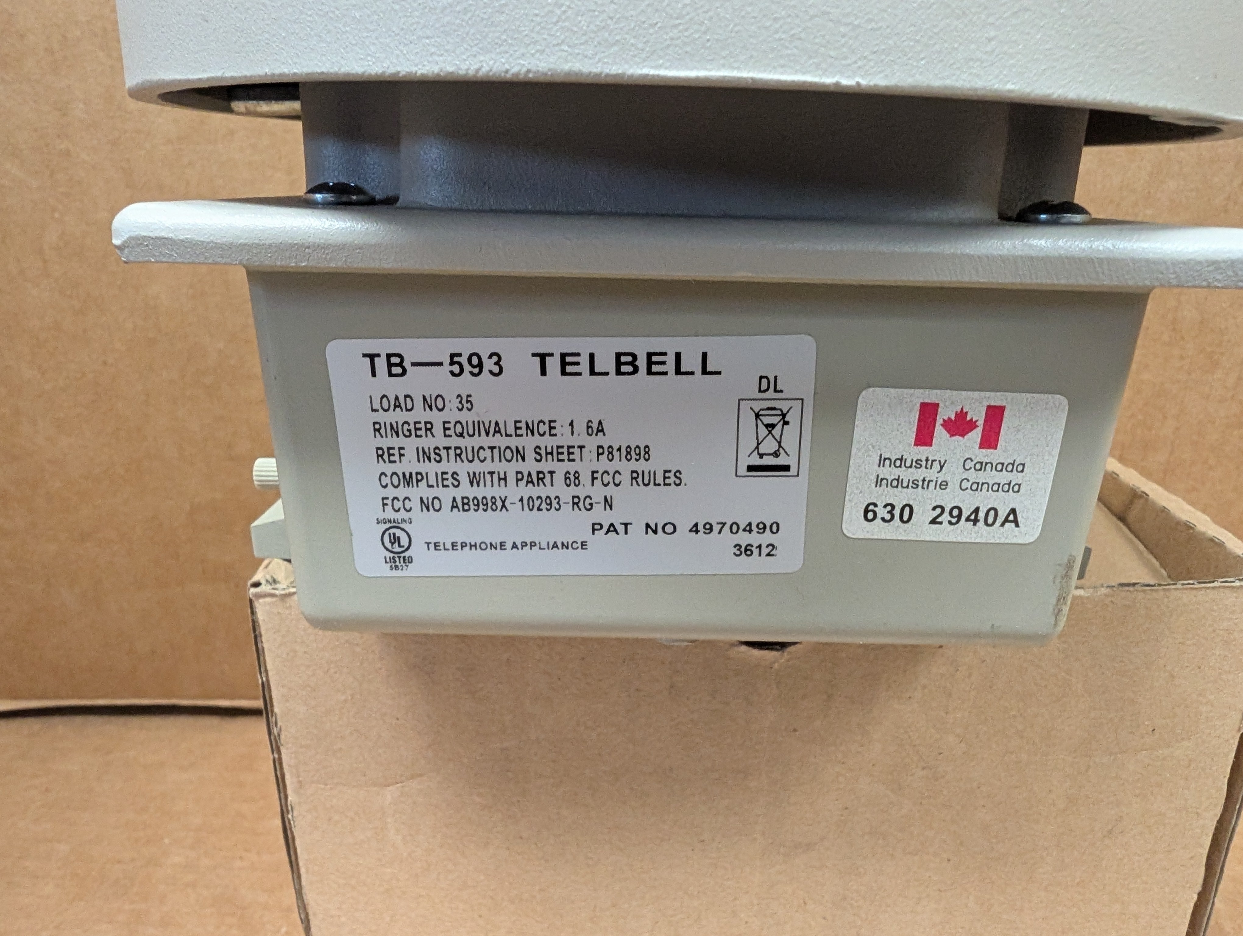 Cooper Wheelock TB-593 TELBELL Telephone Bell 85/95 dB New