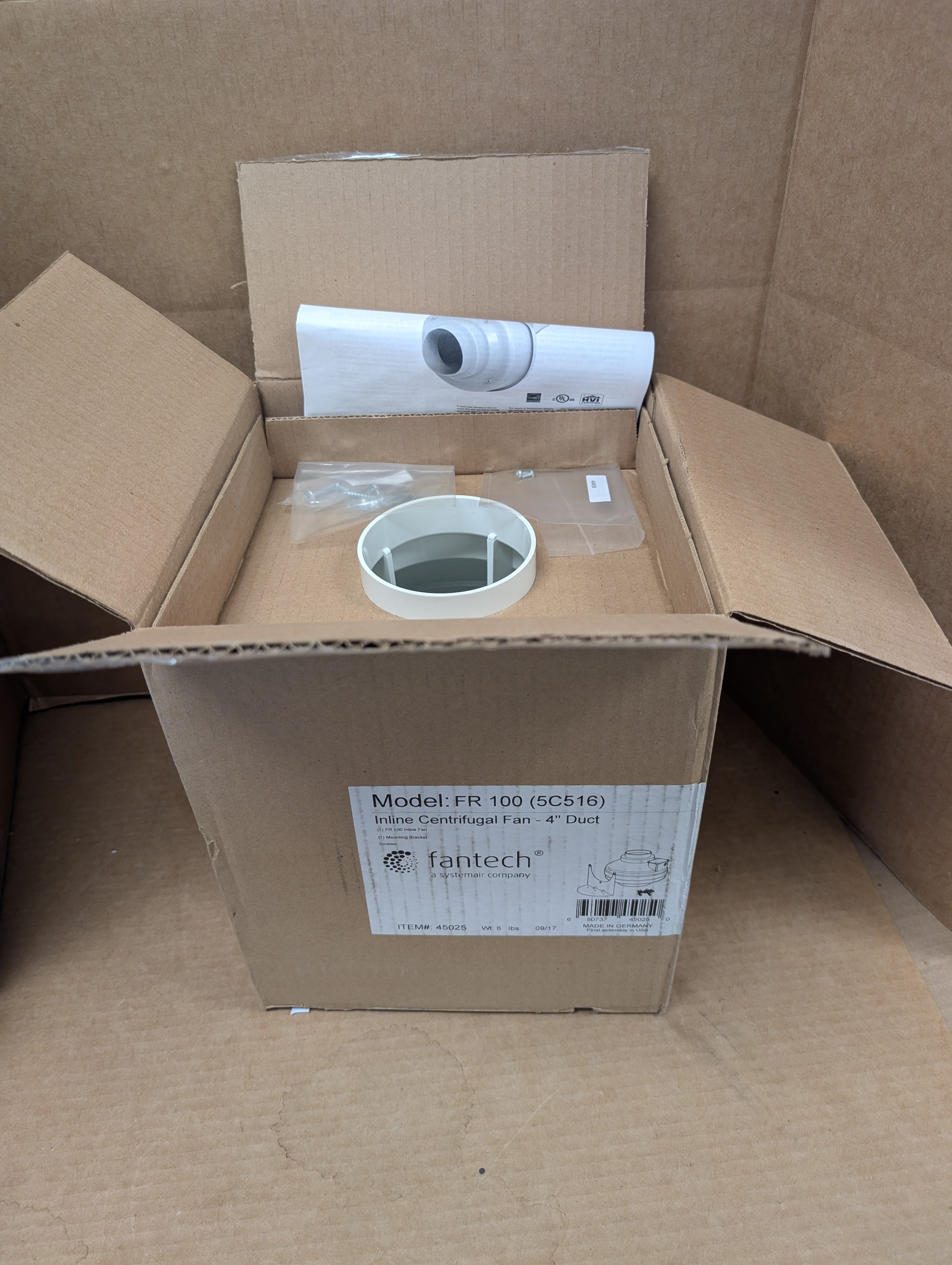 Fantech FR100 4" Duct Inline Centrifugal Fan 115V 5C416 New in Factory Box