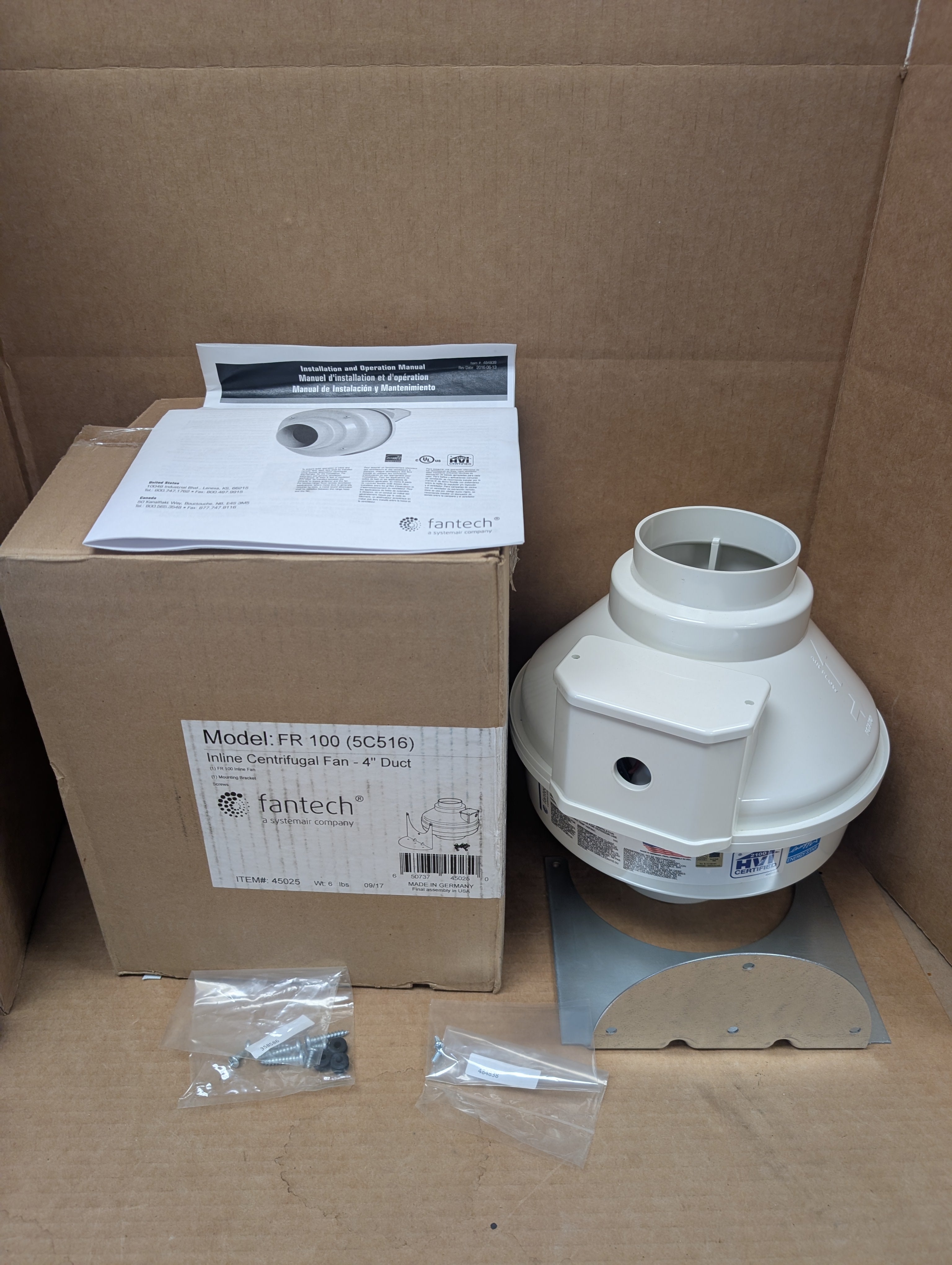 Fantech FR100 4" Duct Inline Centrifugal Fan 115V 5C416 New in Factory Box