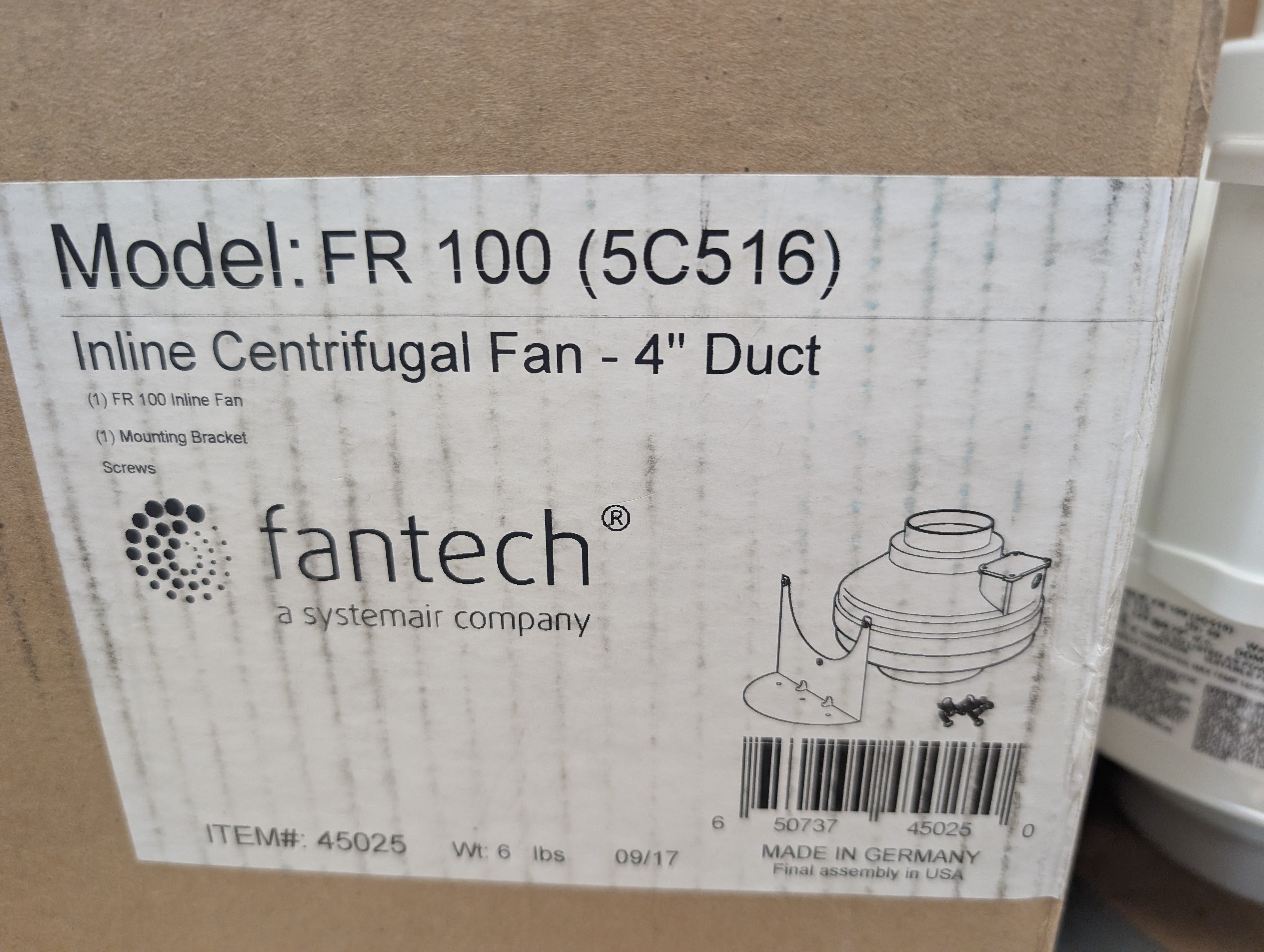 Fantech FR100 4" Duct Inline Centrifugal Fan 115V 5C416 New in Factory Box