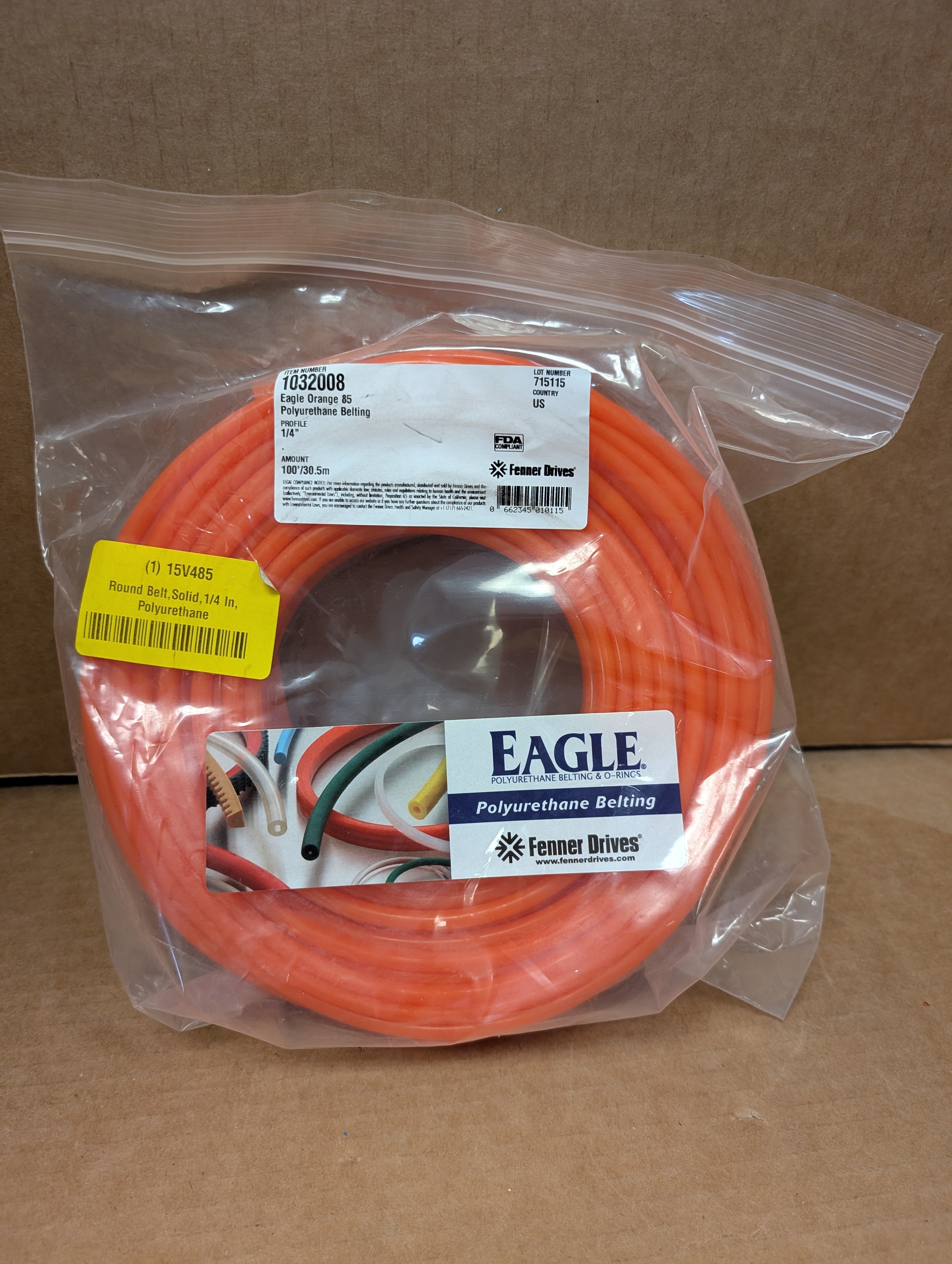 Fenner Eagle 15V485 Round Belt Solid 1/4" Polyurethane Belting 100' 1032008 New