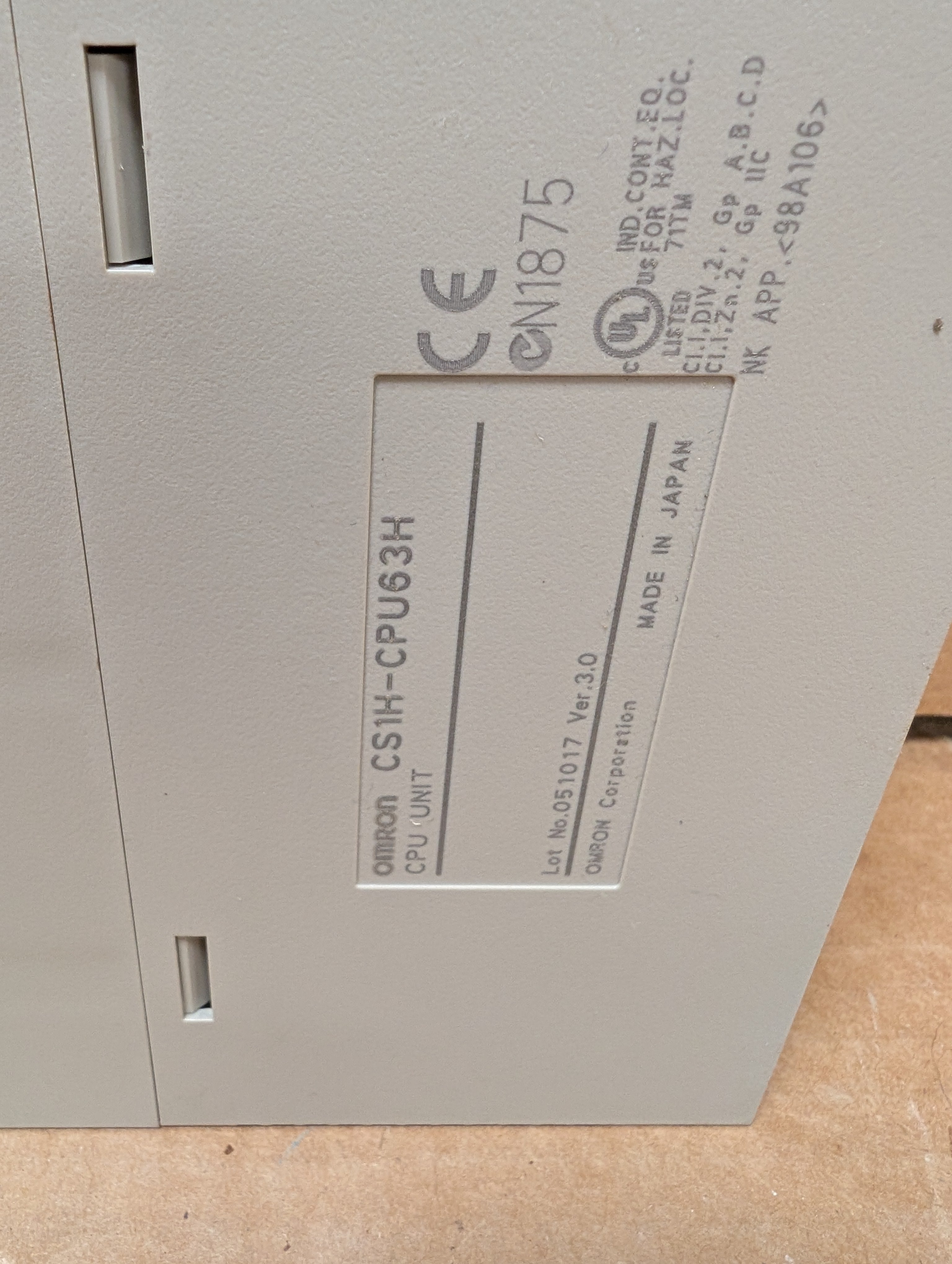 Omron CS1H-CPU63H CPU Unit Ver. 3.0 Controller Used