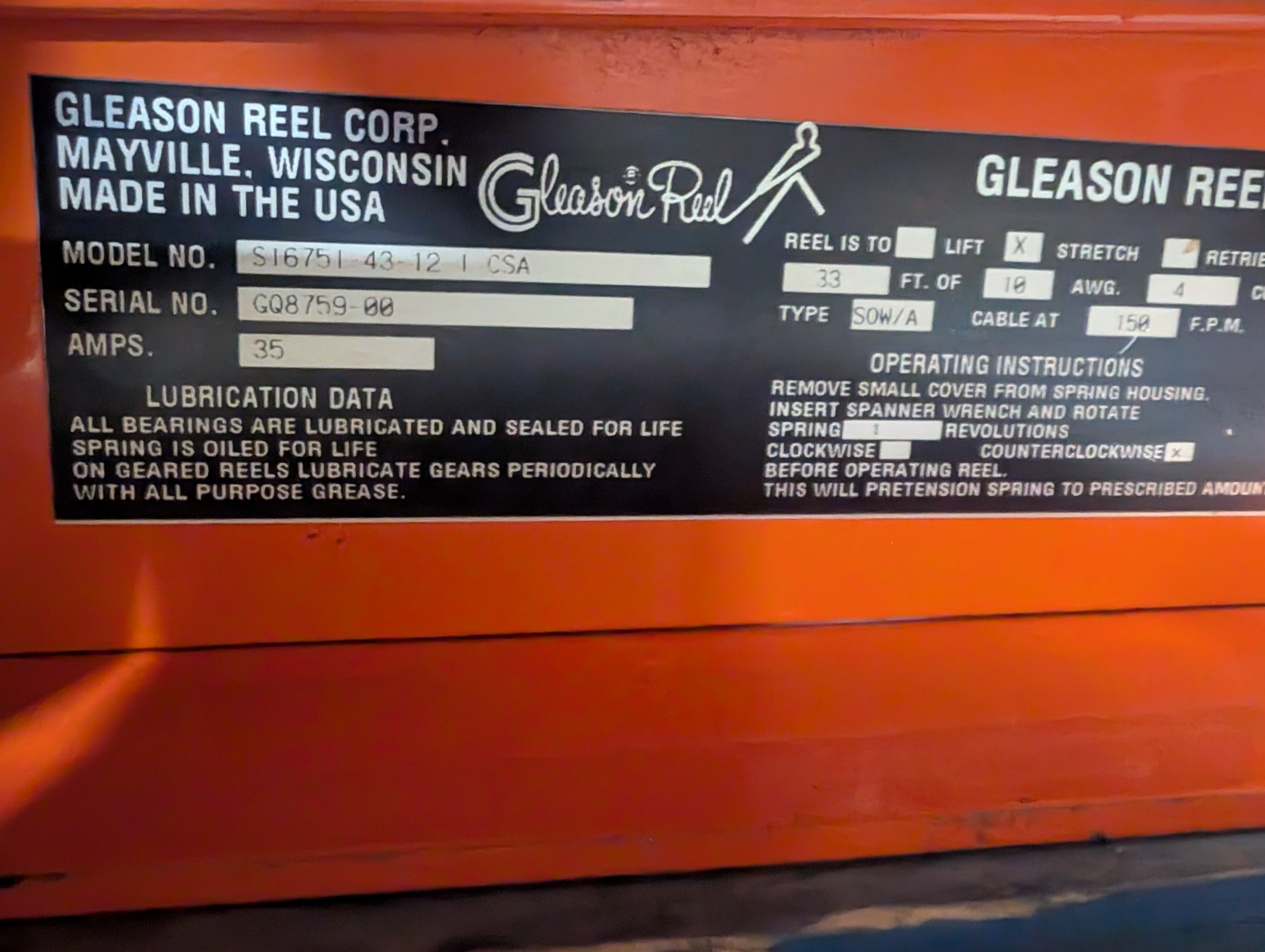 Gleason S16751-43-12-1, 33' 10 AWG 4 Wire SO 150 FPM 35 AMP Power Reel