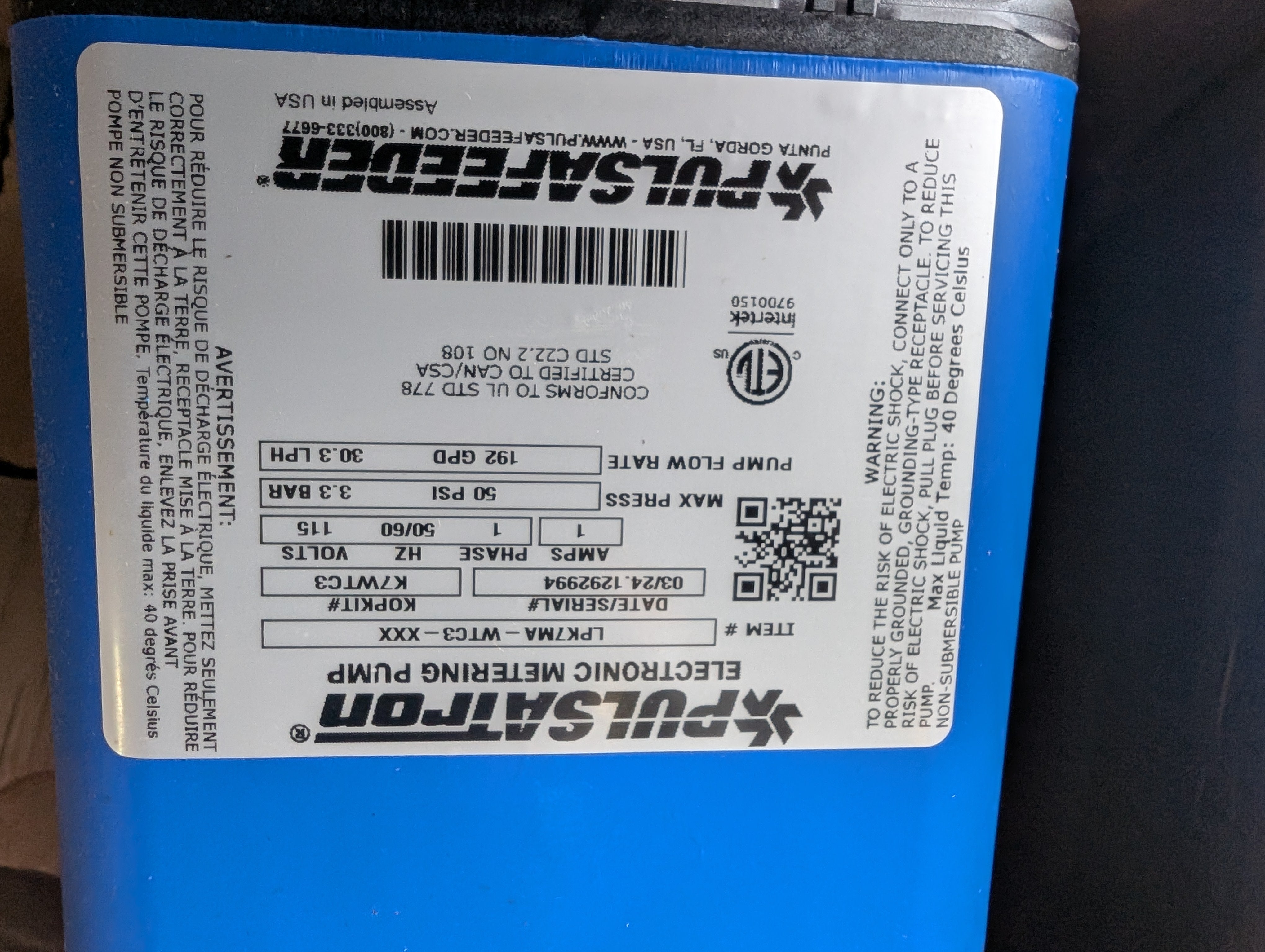 Pulsafeeder LPK7MA-WTC-3-XXX Pulsatron Series E Plus Pump 115V New