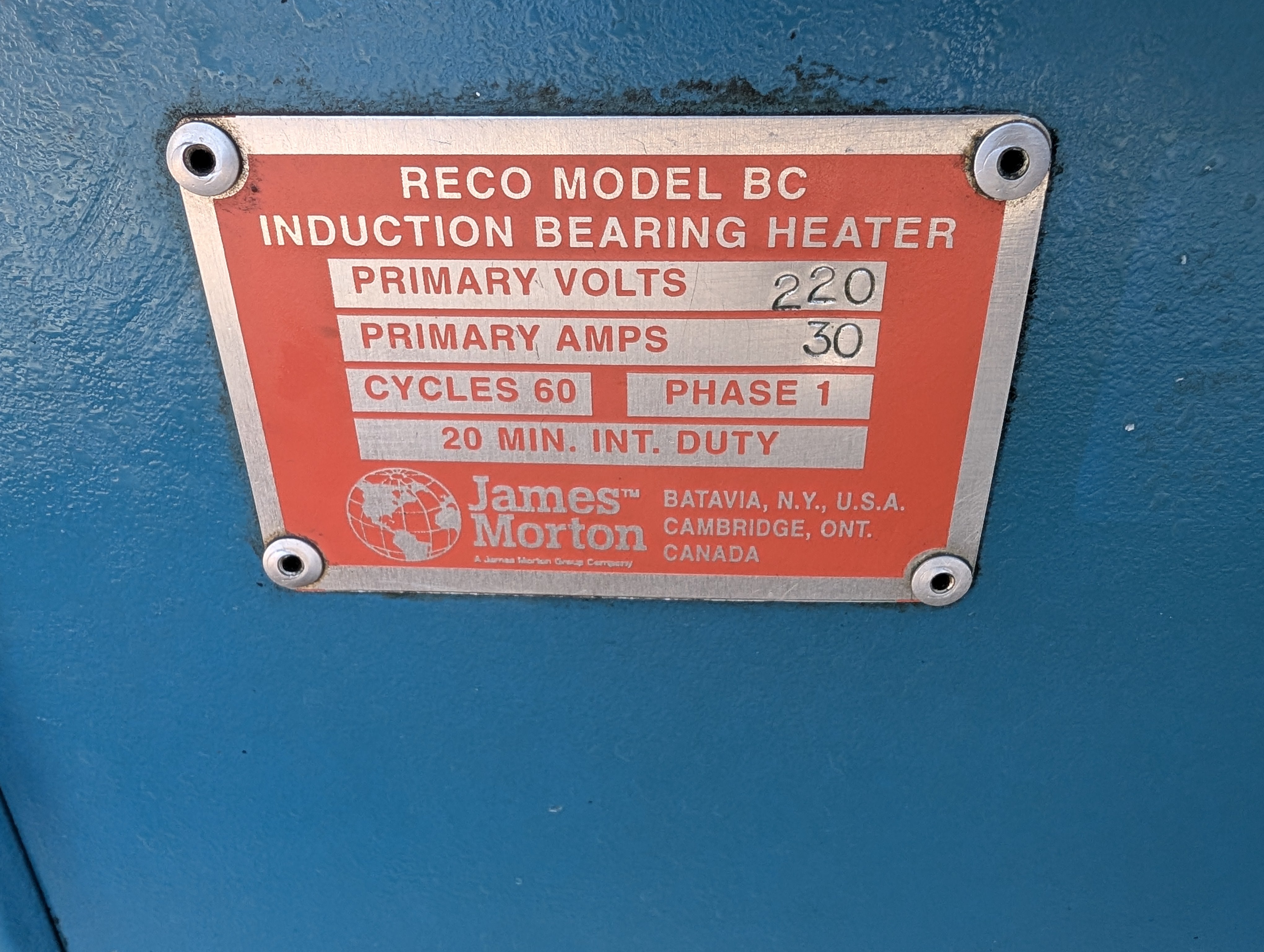 Reco Model BC Induction Bearing Heater 220V 30A 1 PH (3) Bars Used