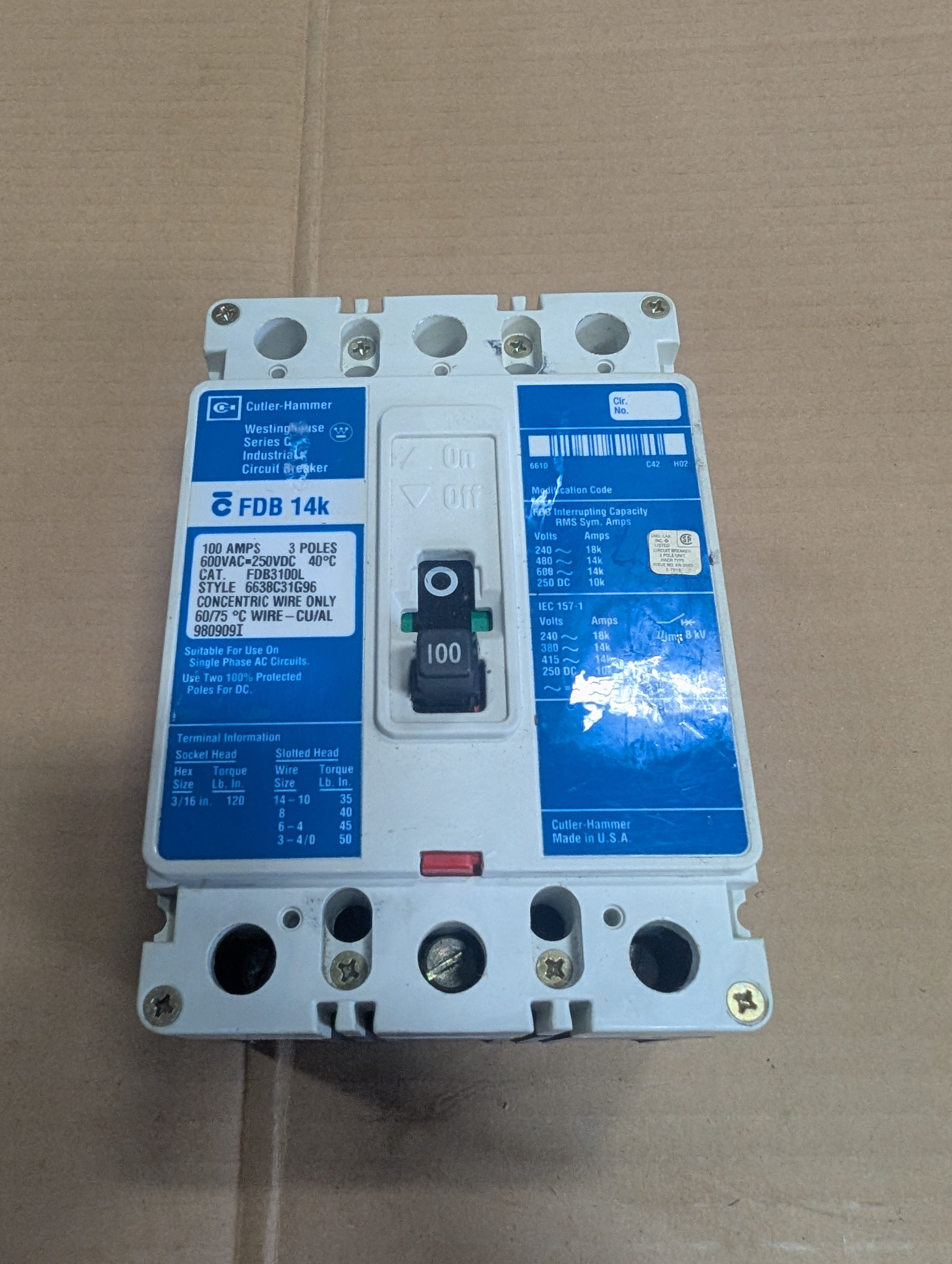 Eaton FDB3100L 600V 100A Circuit Breaker 6638C31G96 3 Pole 250 VDC Used